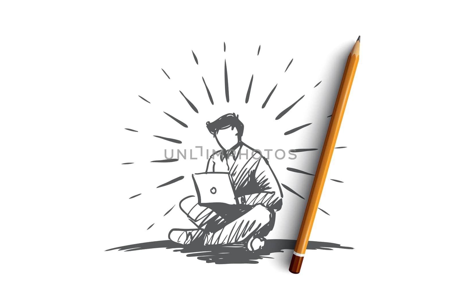 Idea, freelance, freedom, success, laptop concept. Hand drawn man working with laptop concept sketch. Isolated vector illustration.