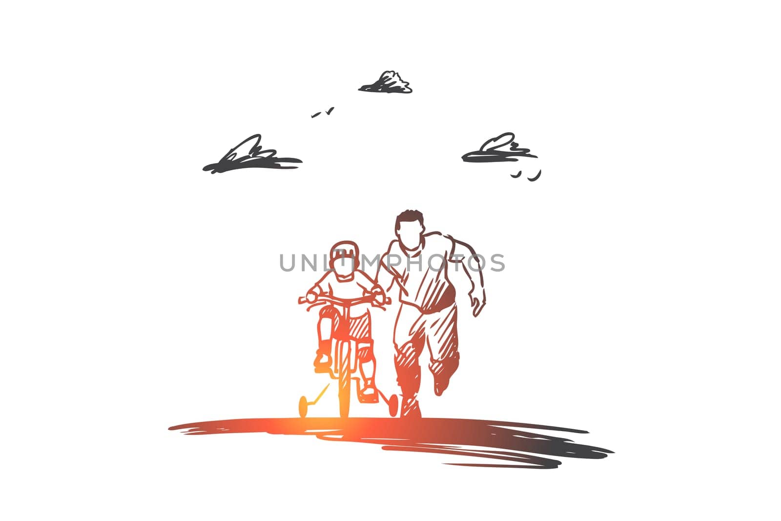 Father, day, family, child, happy concept. Hand drawn dad with son ride bicycles concept sketch. Isolated vector illustration.