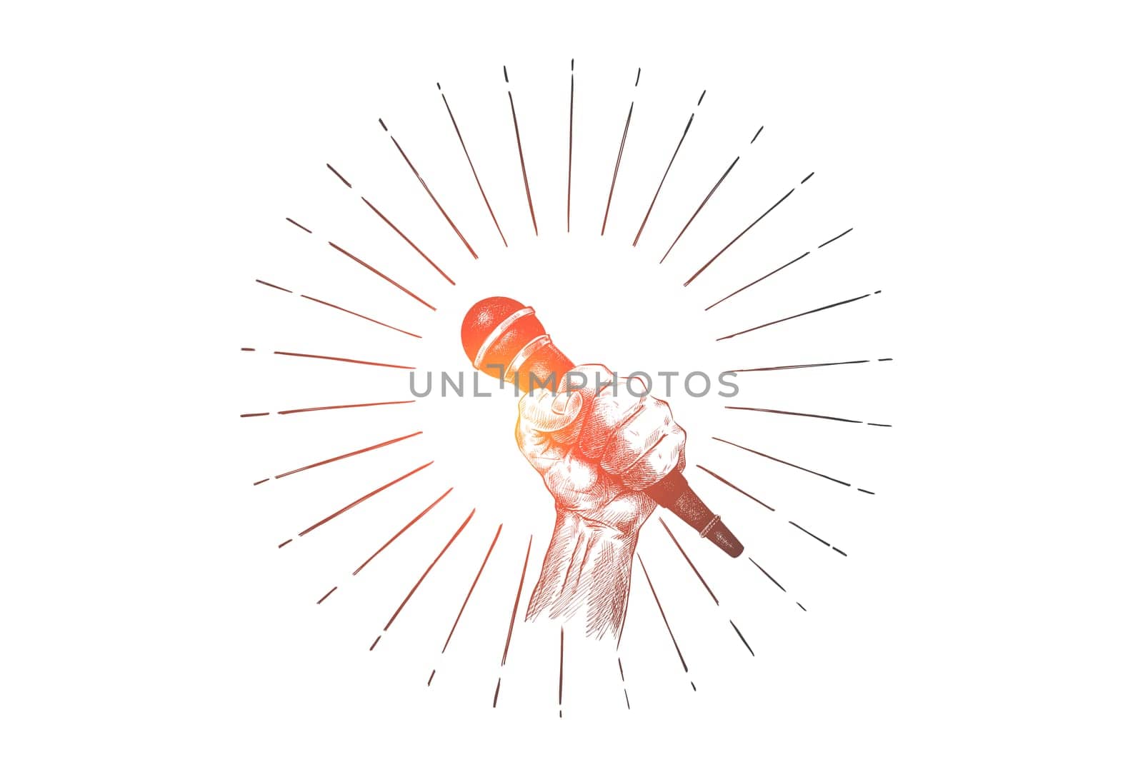 Propaganda, politics, debate, meeting concept. Hand drawn human hand with microphone concept sketch. Isolated vector illustration.