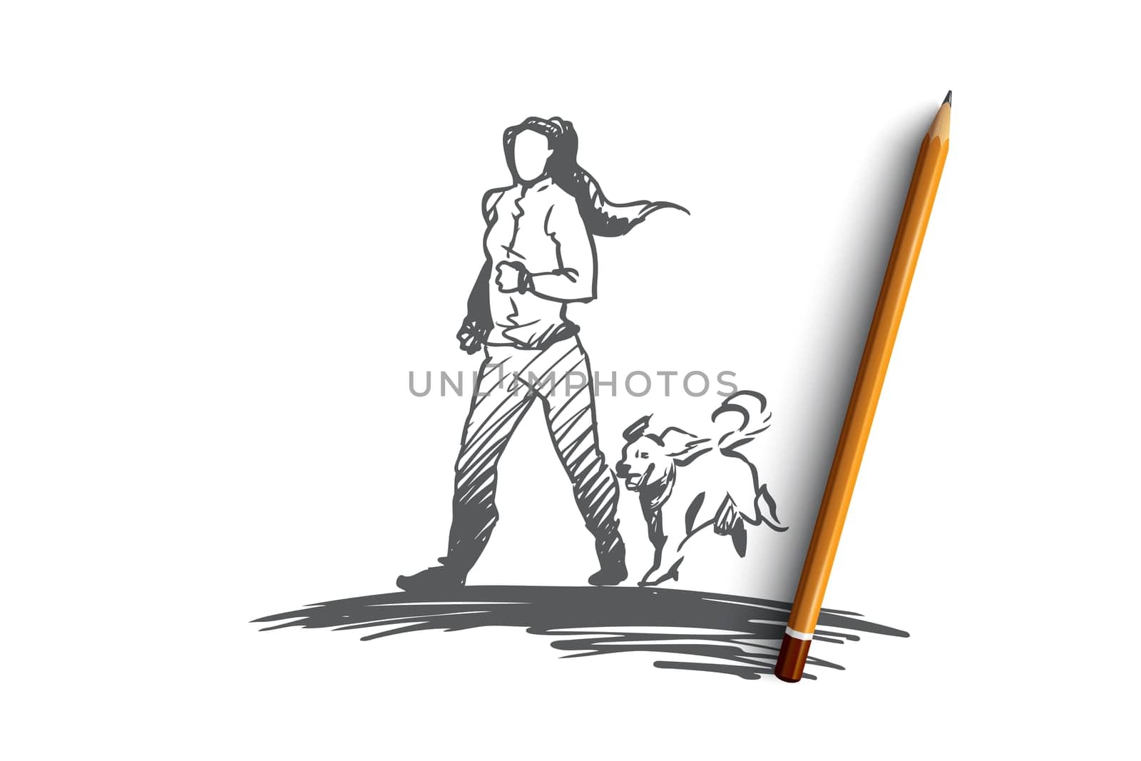 Morning jogging, walking, exercise, woman, activity concept. Hand drawn girl running with her dog concept sketch. Isolated vector illustration.