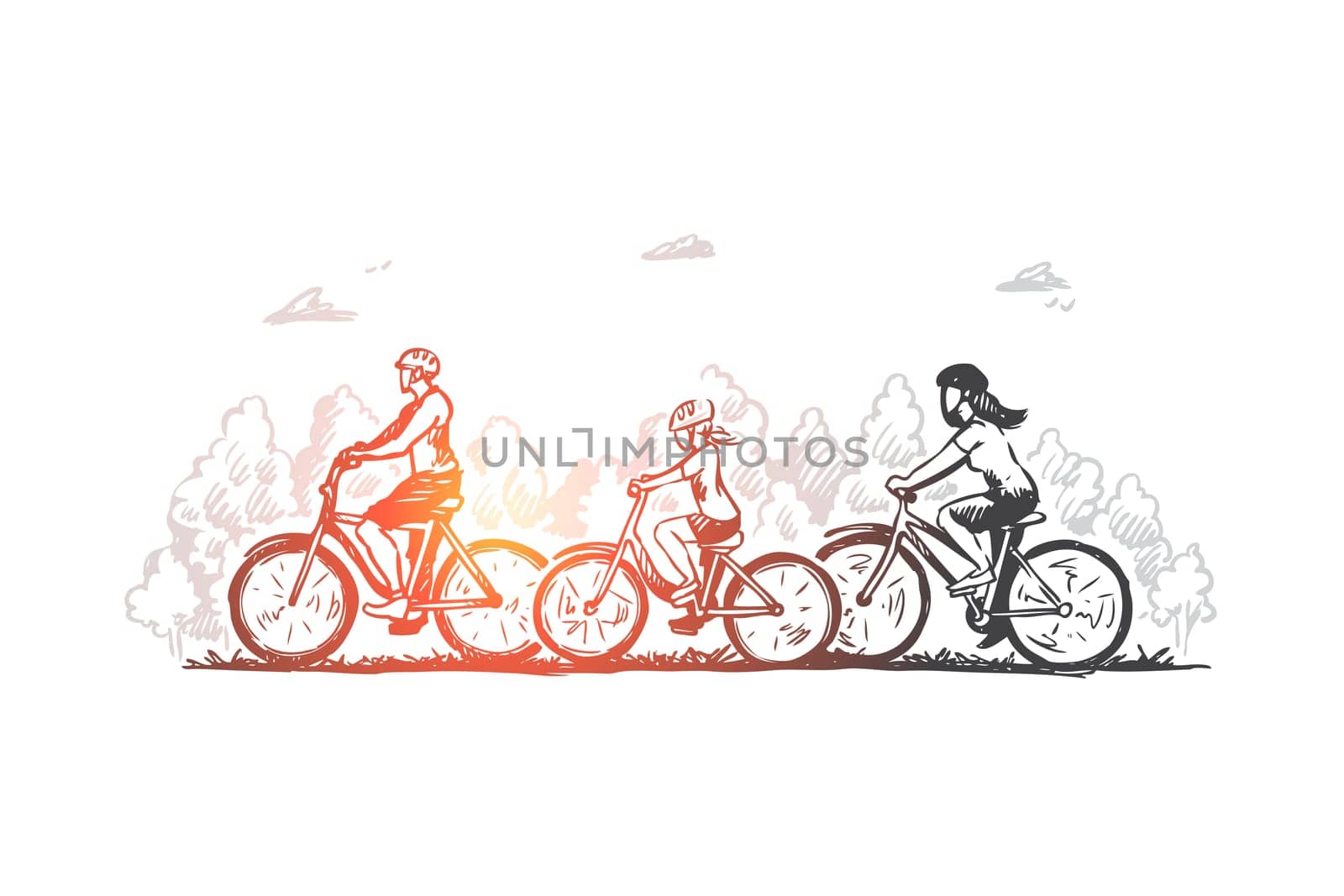 Family, bicycle, sport, activity, together concept. Hand drawn family with kids riding bicycles concept sketch. Isolated vector illustration.