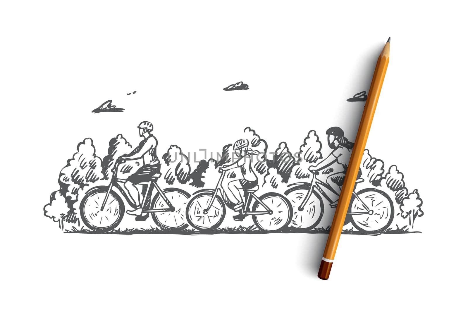 Family, bicycle, sport, activity, together concept. Hand drawn family with kids riding bicycles concept sketch. Isolated vector illustration.