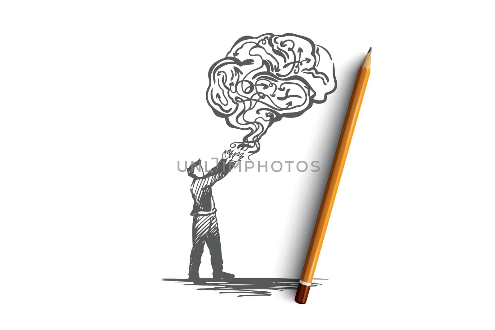 Business idea, creative, brainstorming, solution, creativity concept. Hand drawn man and cloud in shape of brain concept sketch. Isolated vector illustration.