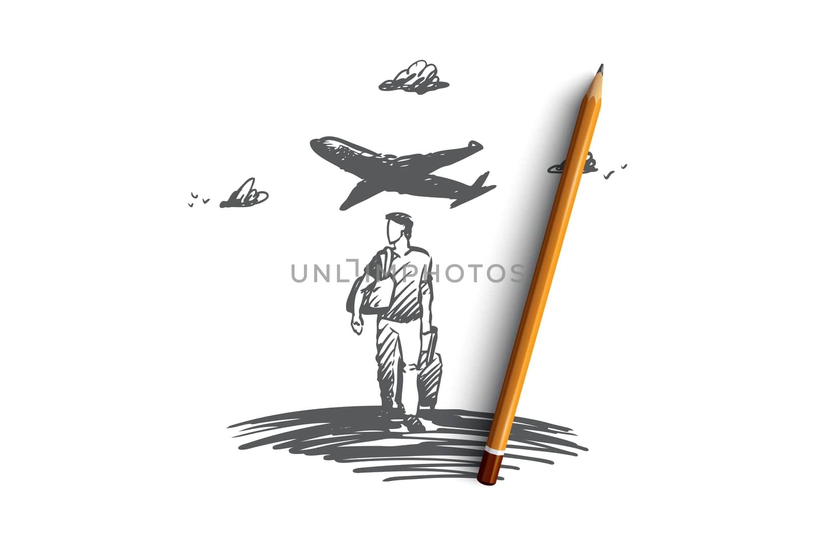 Travel, holiday, business trip, vacation concept. Hand drawn man with luggage, airplane on background concept sketch. Isolated vector illustration.
