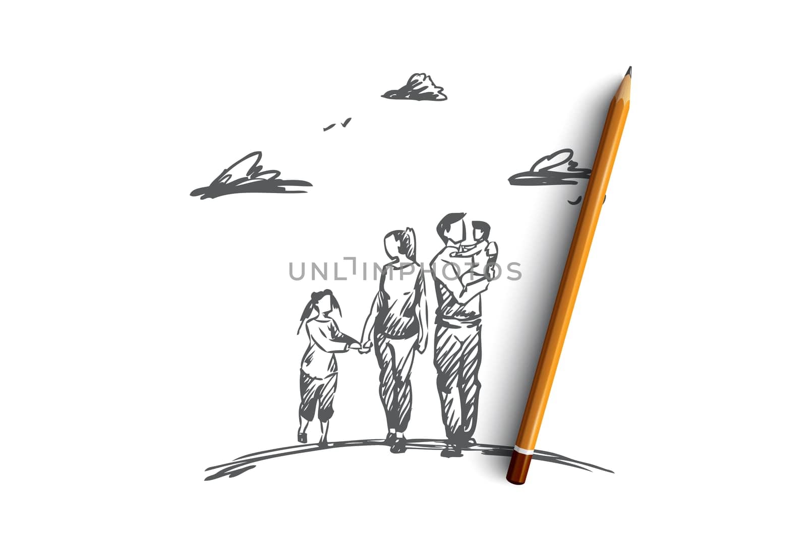 Family time, parents, children, leisure concept. Hand drawn mother, father and children walking together concept sketch. Isolated vector illustration.