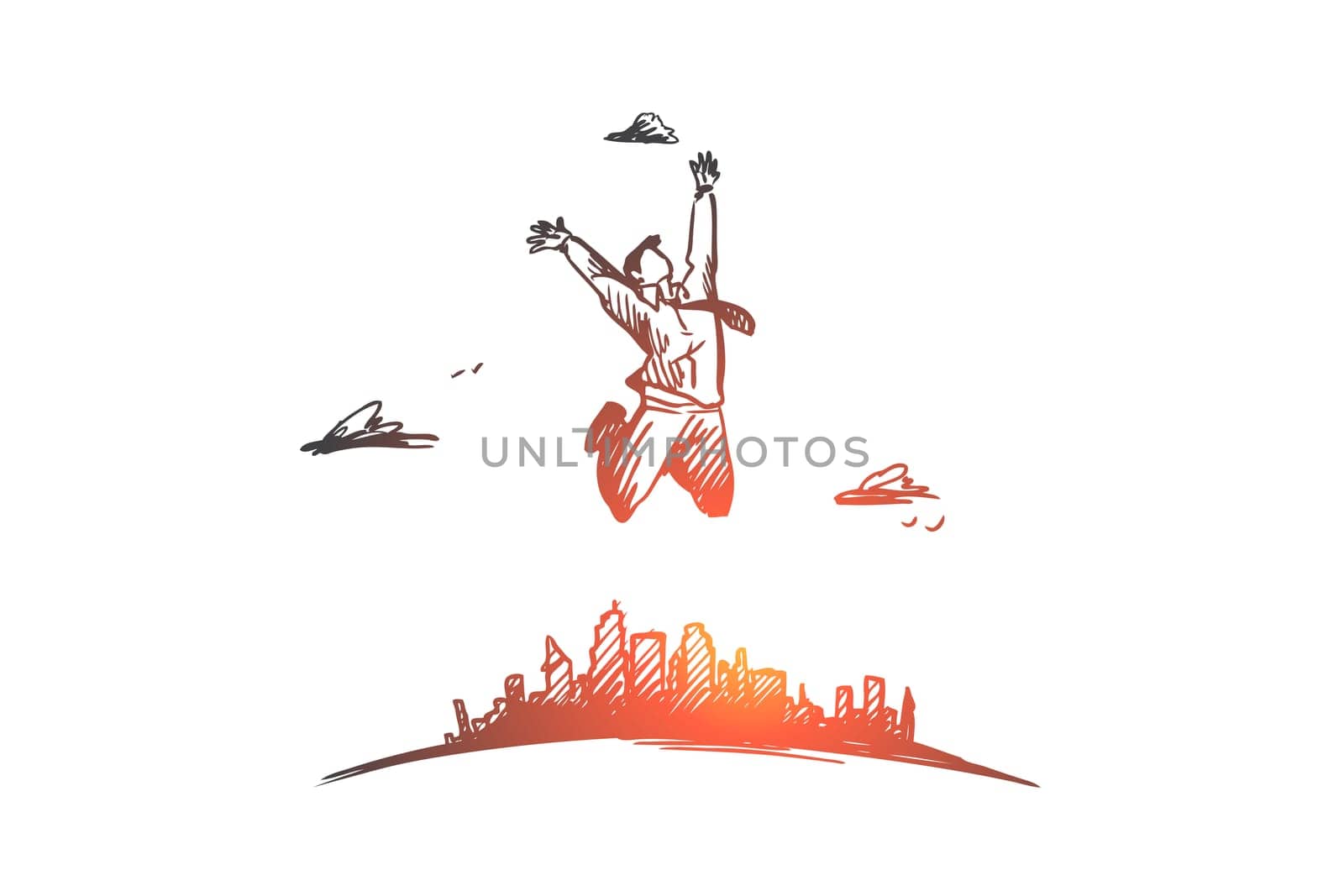 Success, leader, winner, achievement and businessman concept. Hand drawn happy businessman jumping concept sketch. Isolated vector illustration.