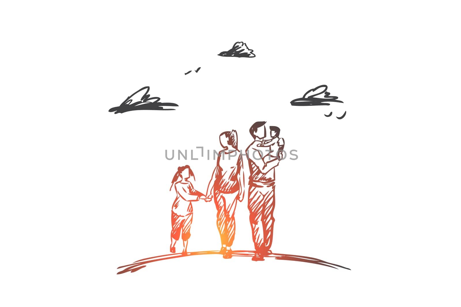 Family time, parents, children, leisure concept. Hand drawn mother, father and children walking together concept sketch. Isolated vector illustration.
