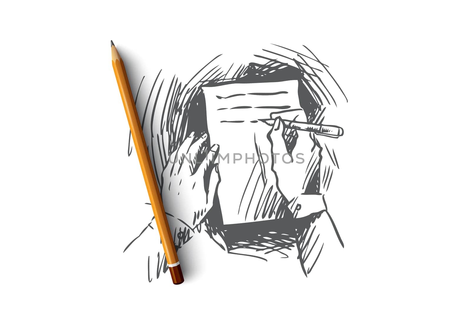 Letter, contract, business plan, contract concept. Hand drawn person signs a contract, hands close up concept sketch. Isolated vector illustration.