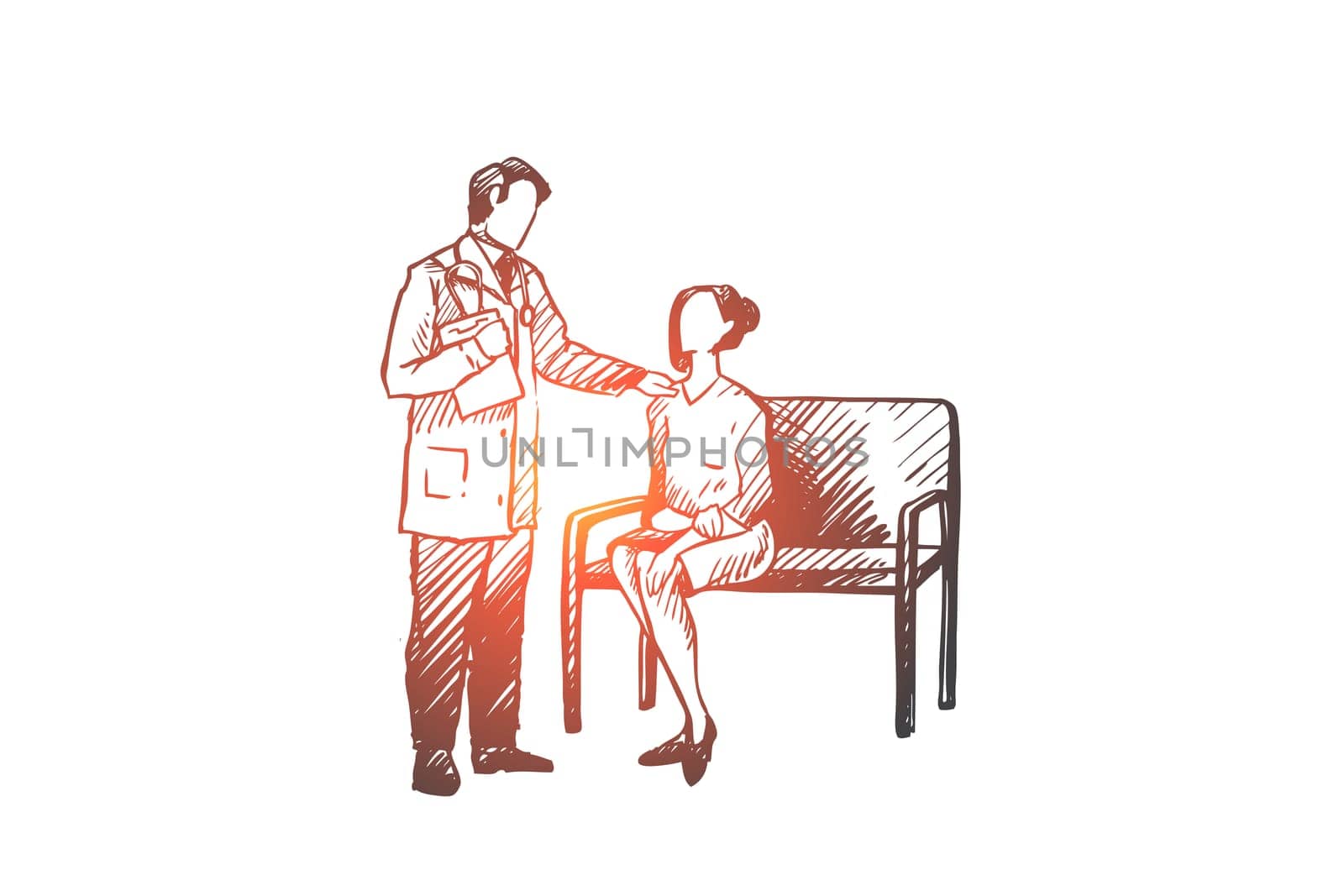 Diagnosis, doctor, patient, oncology, clinic concept. Hand drawn doctor talks with a female patient in hospital concept sketch. Isolated vector illustration.