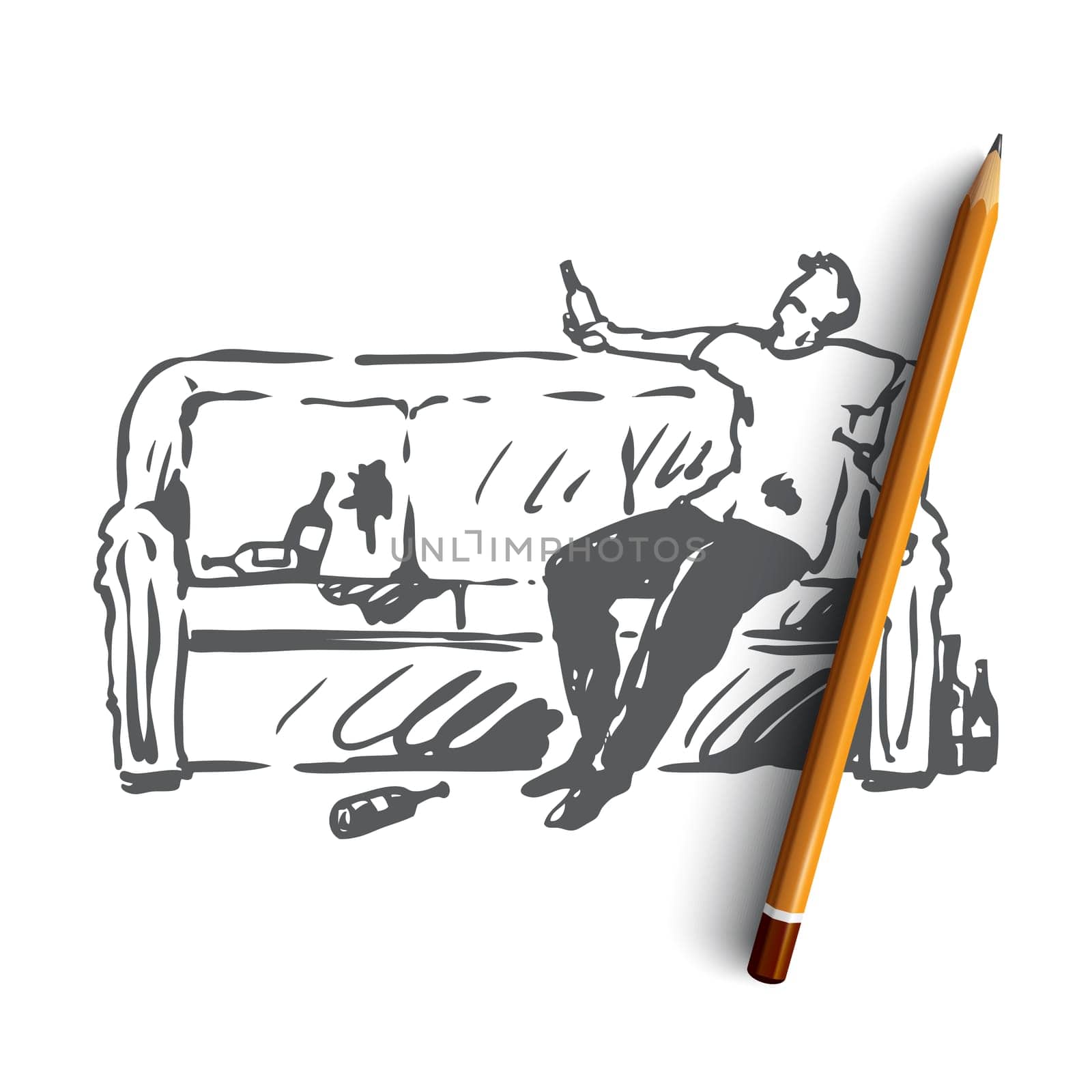 Alcoholism, man, drunk, bottle, sofa concept. Hand drawn drunk man with bottle sitting on sofa concept sketch. Isolated vector illustration.