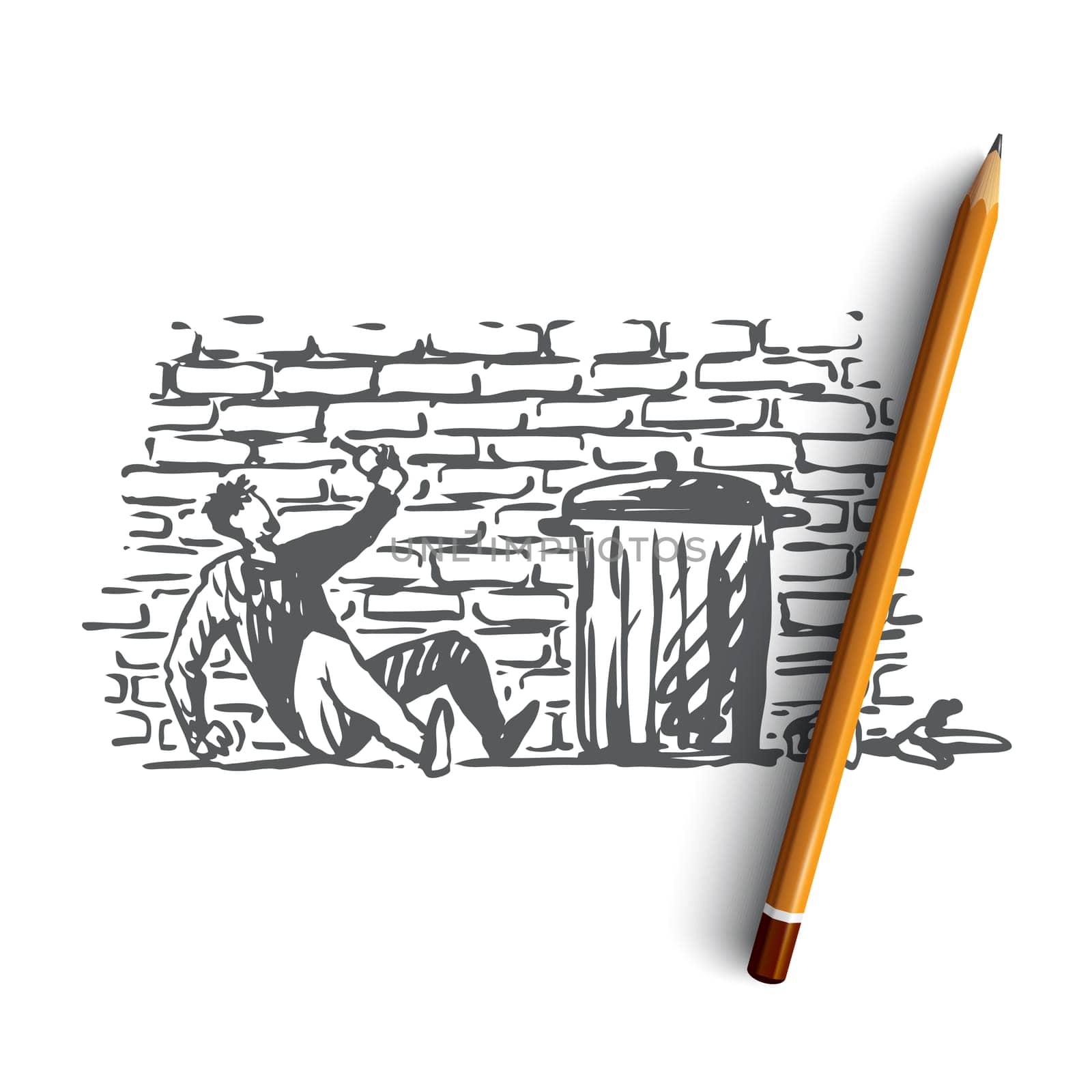 Alcoholism, man, drunk, bottle, tired concept. Hand drawn drunk man with bottle of alcohol near trash bin concept sketch. Isolated vector illustration.