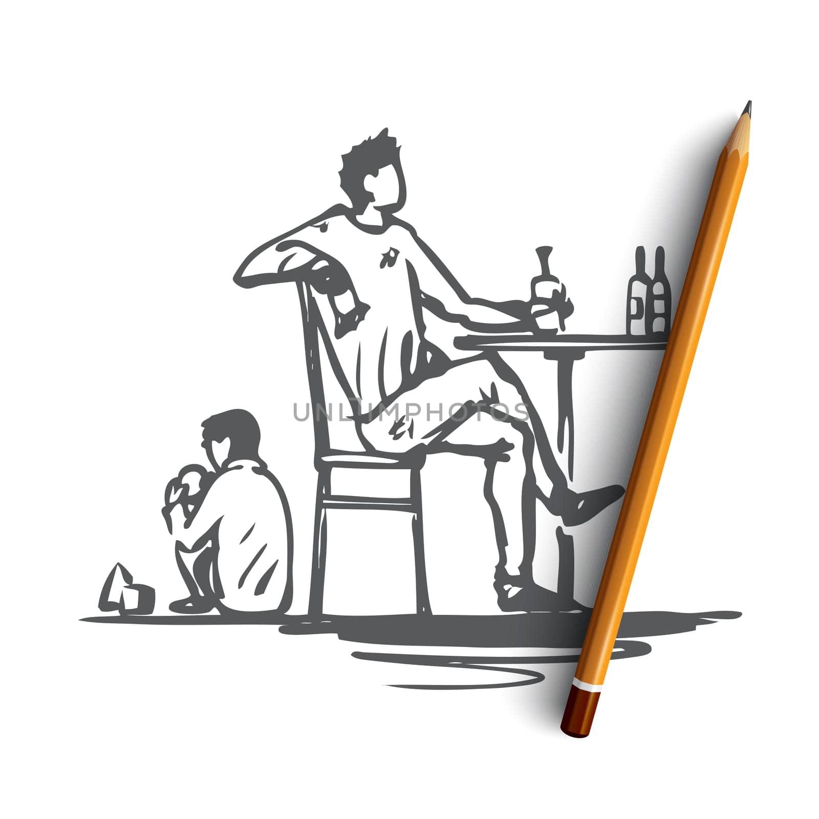 Father, alcohol, drunk, child, alcoholism concept. Hand drawn drunk father and child at home concept sketch. Isolated vector illustration.