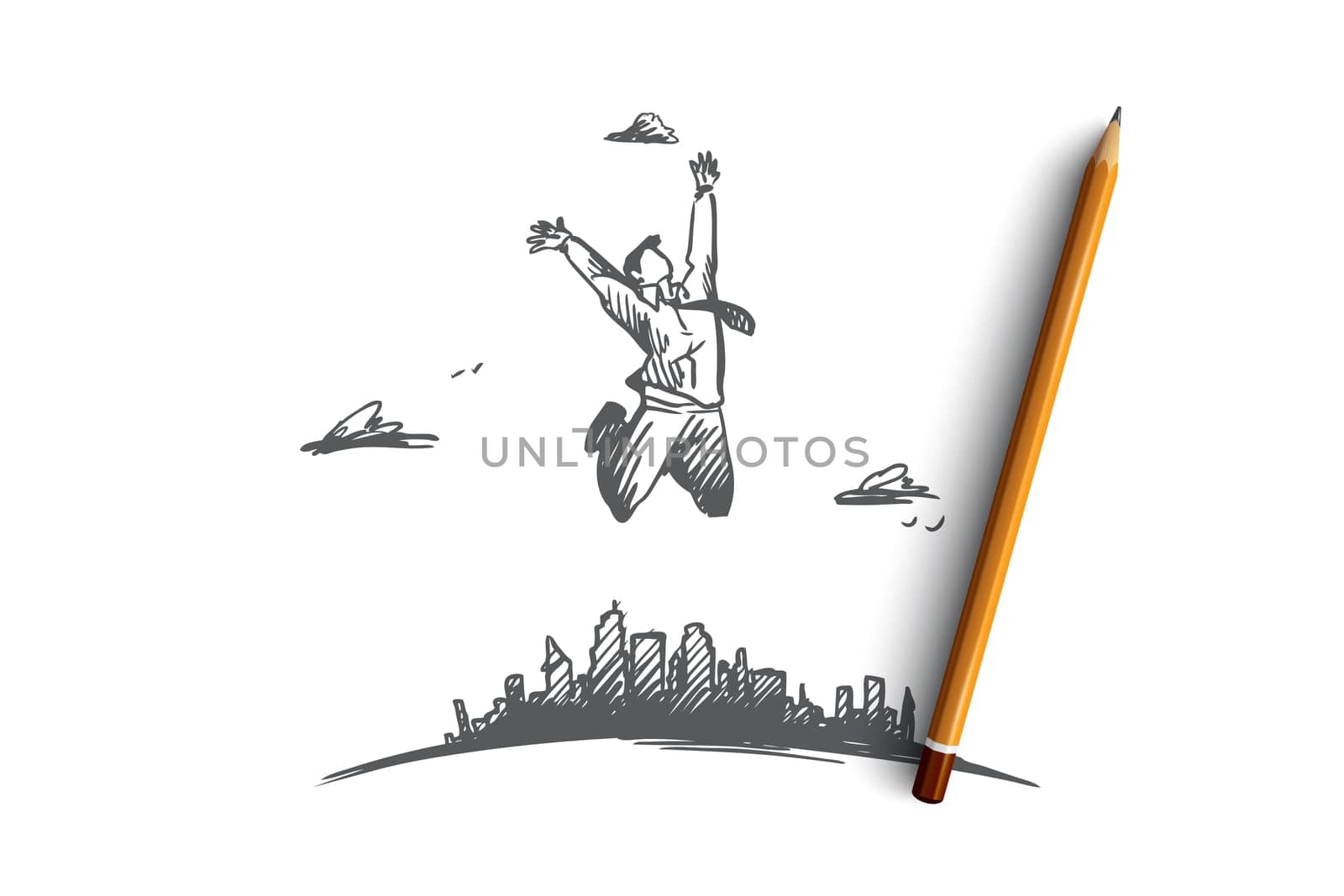 Success, leader, winner, achievement and businessman concept. Hand drawn happy businessman jumping concept sketch. Isolated vector illustration.