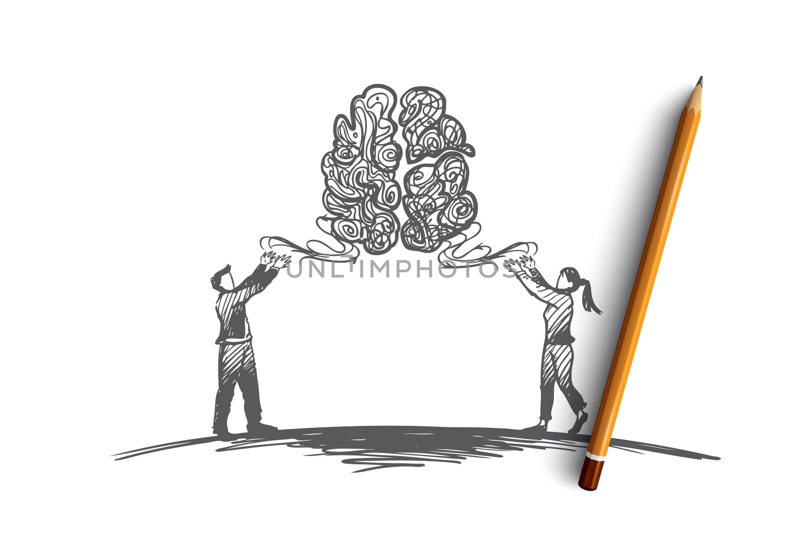 Brainstorming, idea, together, creative, teamwork concept. Hand drawn man and woman looking for new idea concept sketch. Isolated vector illustration.