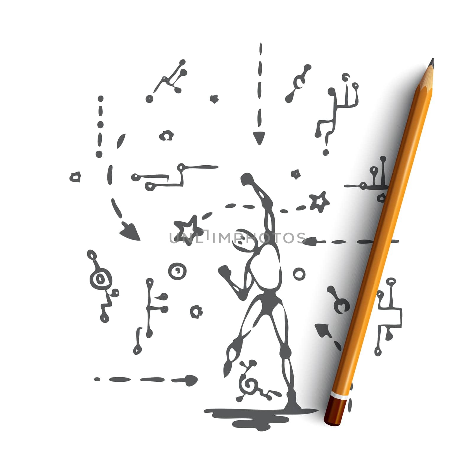 Innovation, technology, robot, scheme, android concept. Hand drawn robot with data symbols. Robot jump concept sketch. Isolated vector illustration.