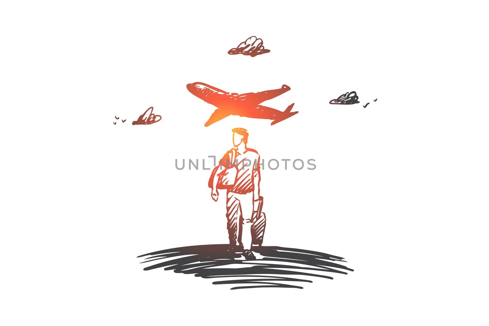Travel, holiday, business trip, vacation concept. Hand drawn man with luggage, airplane on background concept sketch. Isolated vector illustration.
