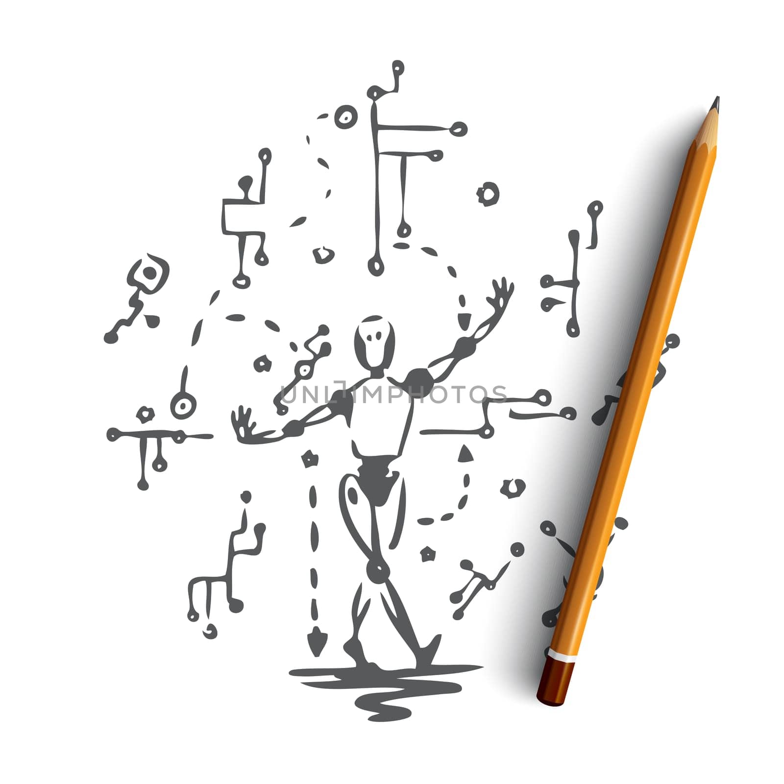 Circuit, technology, robot, data, android concept. Hand drawn android robot and circuit concept sketch. Isolated vector illustration.