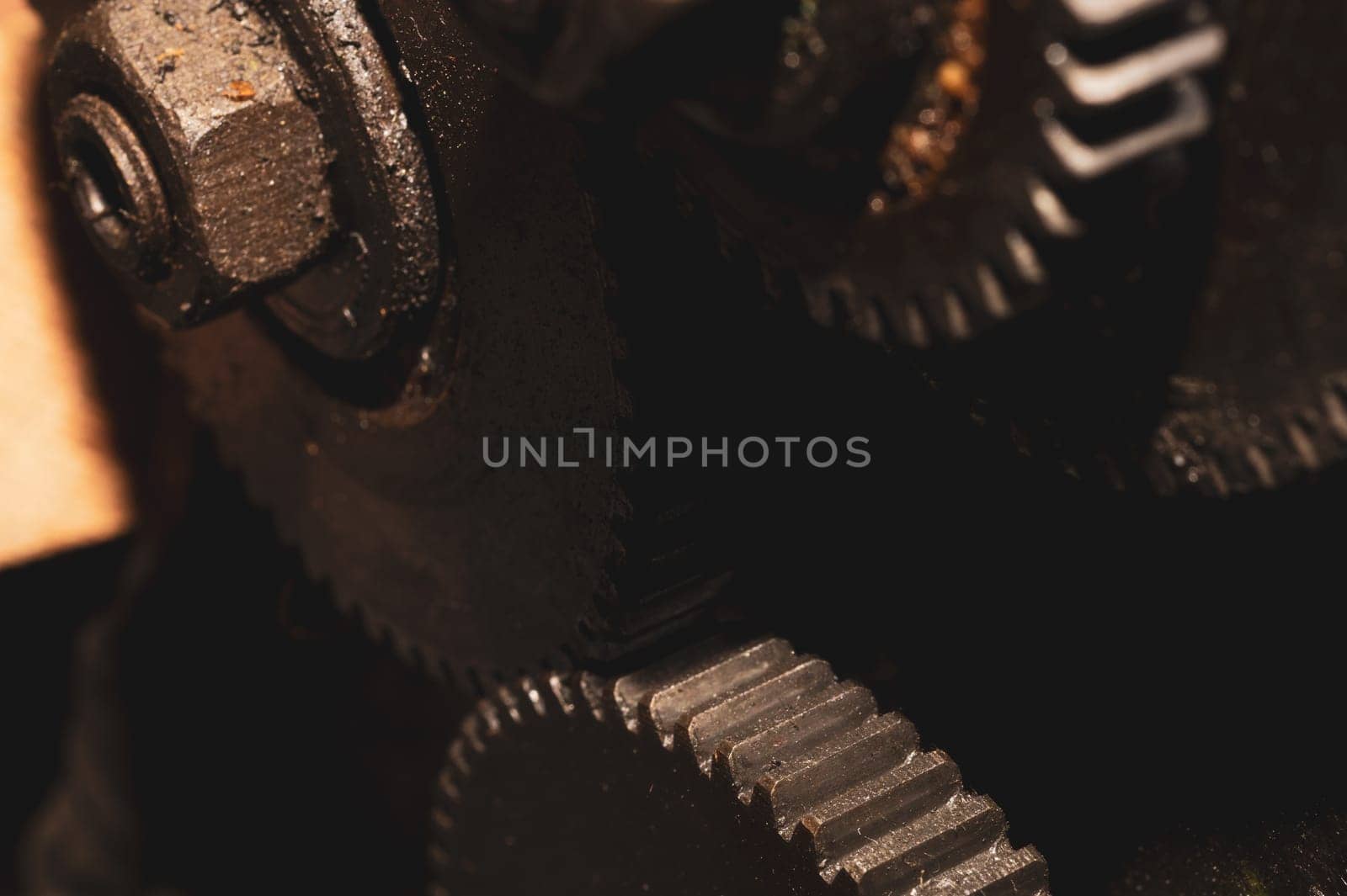Gears of industrial machine. detail of mechanism. old cogwheels. mechanical parts of machinery