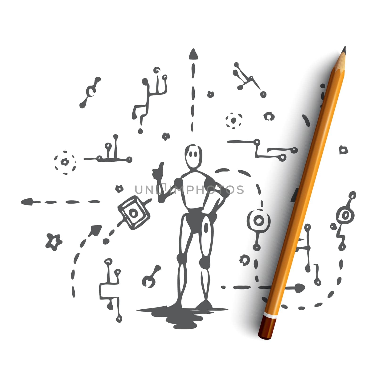 Scheme, machine, robot, technology, android concept. Hand drawn electronic machine and android scheme concept sketch. Isolated vector illustration.