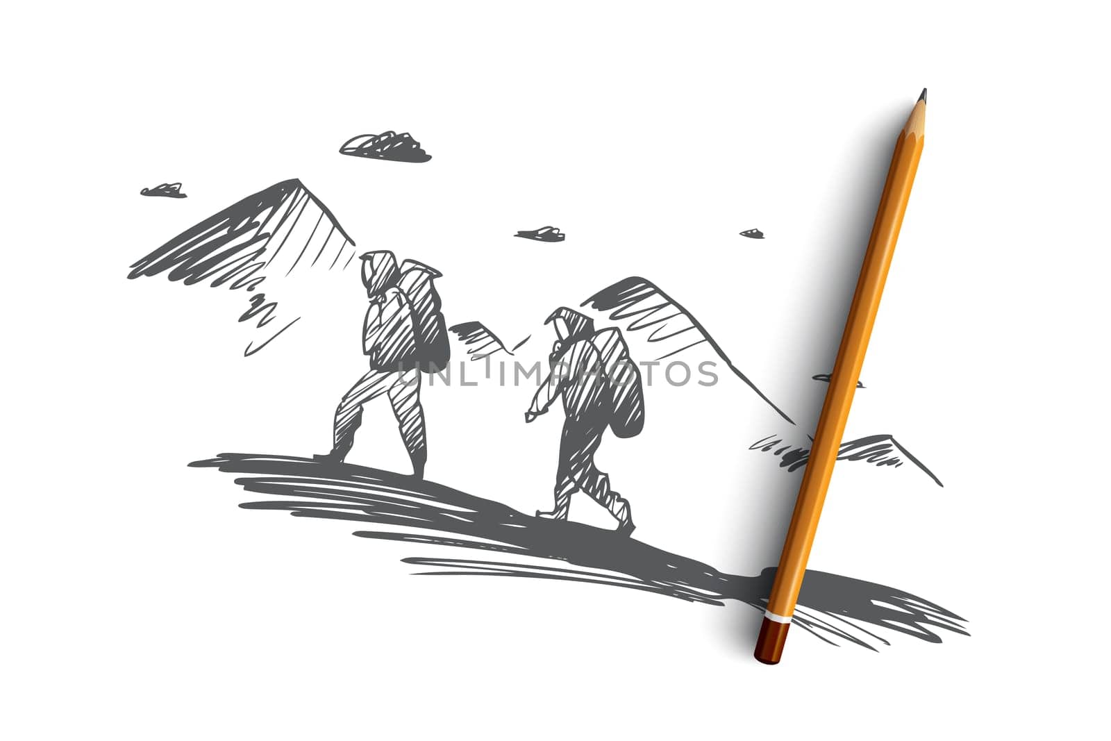 Conquer, achieve, together, challenge, climbing concept. Hand drawn persons climbing on mountain concept sketch. Isolated vector illustration.