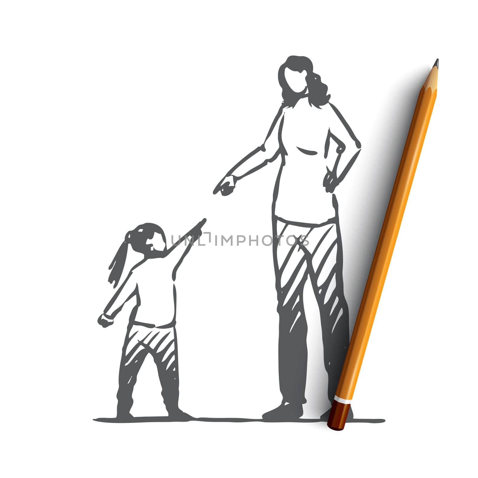 Daughter, mother, angry, scold, conflict concept. Hand drawn mother in conflict with daughter concept sketch. Isolated vector illustration.