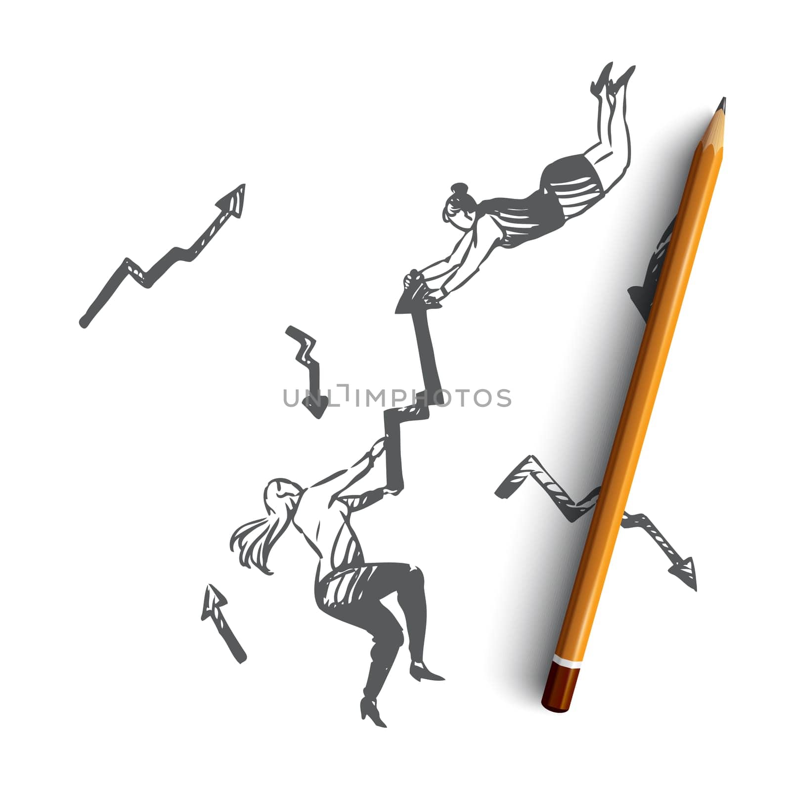 Business, arrow, woman, rivalry, success, contest concept. Hand drawn businesswomen hold an arrow concept sketch. Isolated vector illustration.