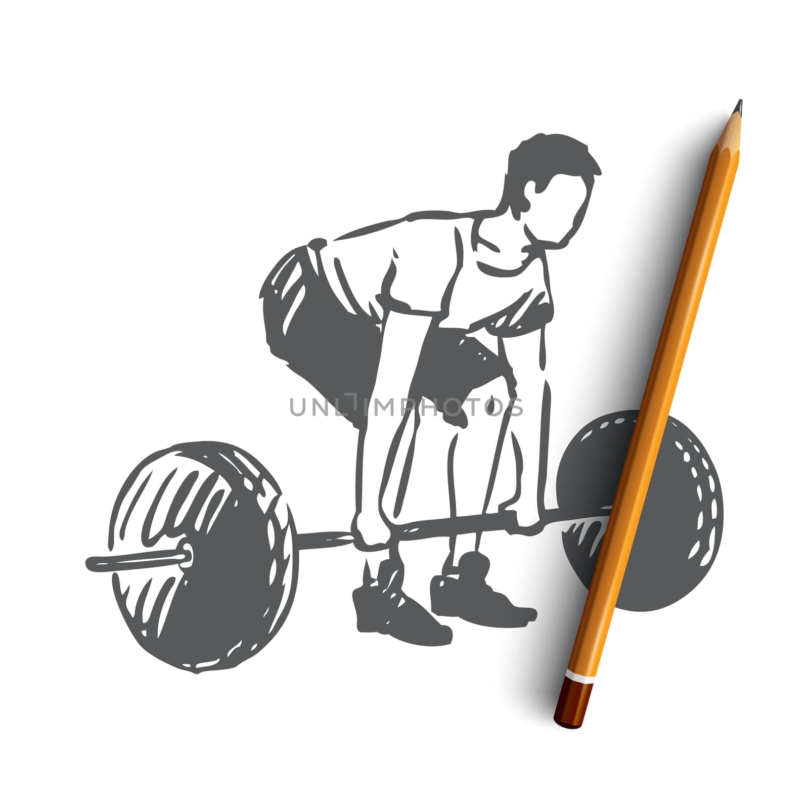 Gym, barbell, fitness, man, workout concept. Hand drawn sportive man workout in gym concept sketch. Isolated vector illustration.