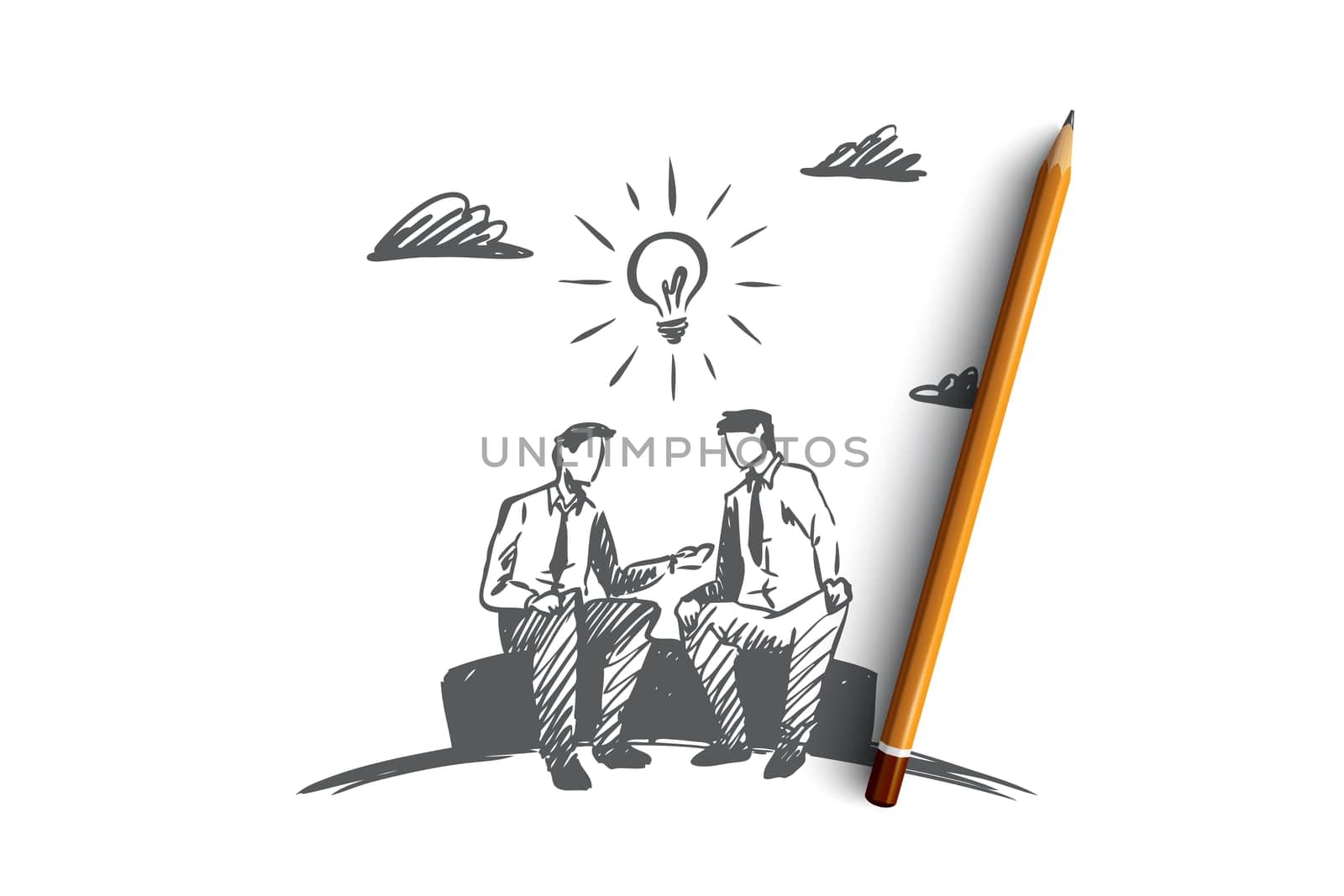 Business idea, partners, together, teamwork concept. Hand drawn business partners discussing project concept sketch. Isolated vector illustration.