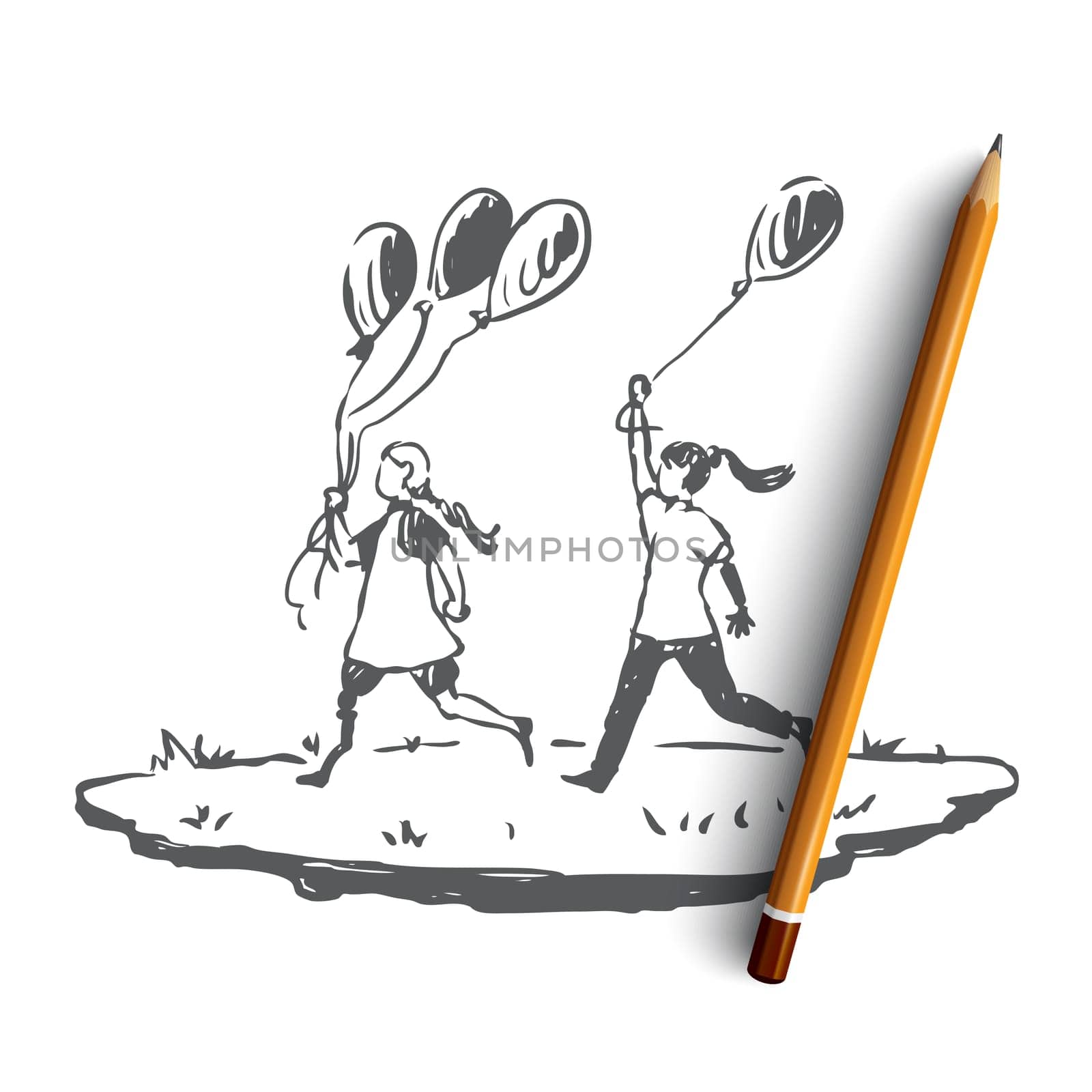 Handicapped, girl, balloon, friend, disability concept. Hand drawn handicapped girl with balloons concept sketch. Isolated vector illustration.