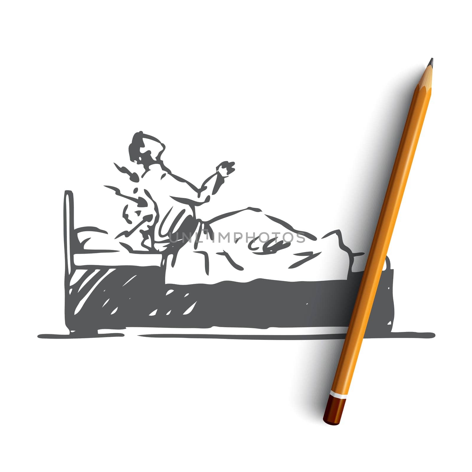 Posture, bad, spine, bed, health concept. Hand drawn man with backache lying in bed concept sketch. Isolated vector illustration.