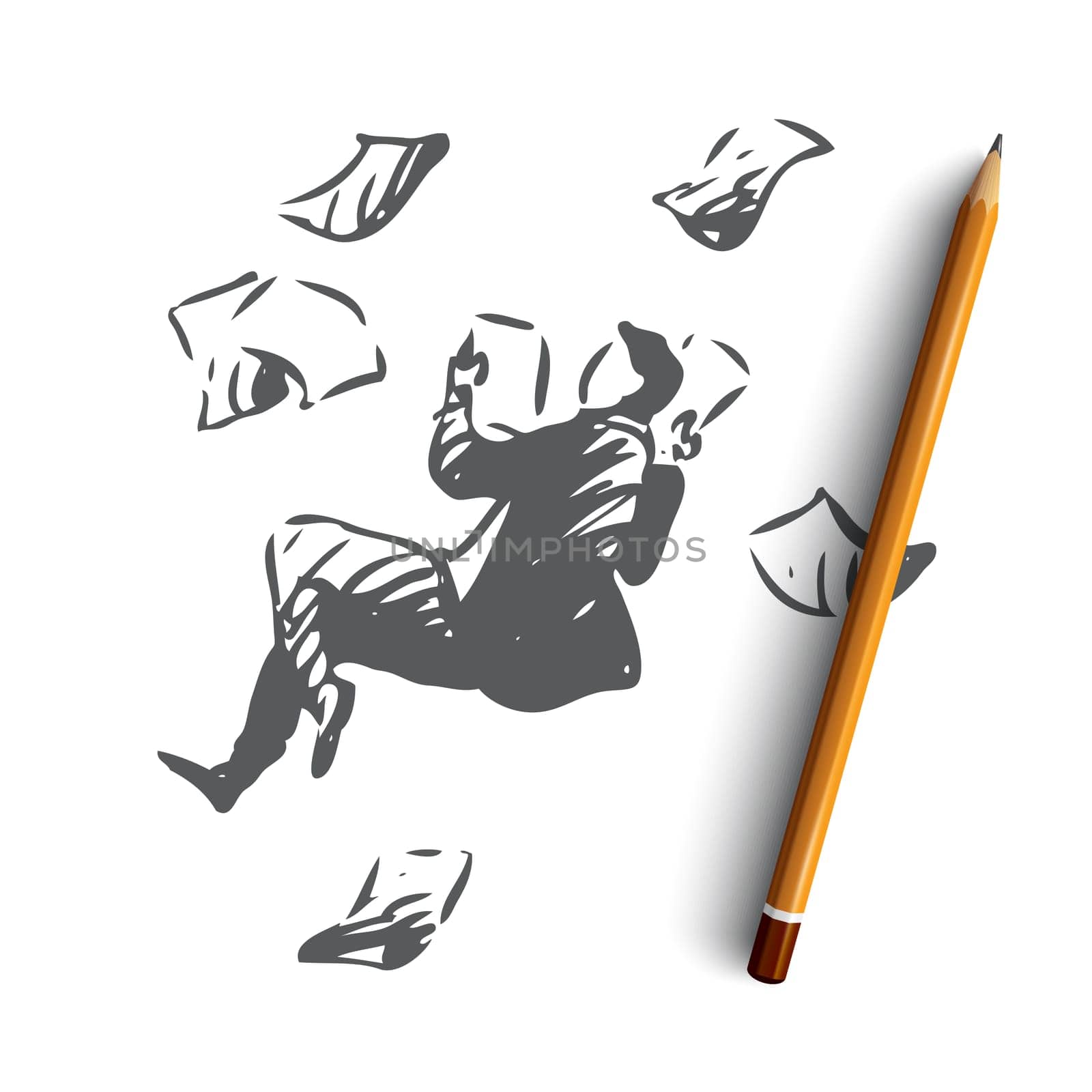 Business, space, paper, man, fly concept. Hand drawn businessman flying with a lot of paper concept sketch. Isolated vector illustration.