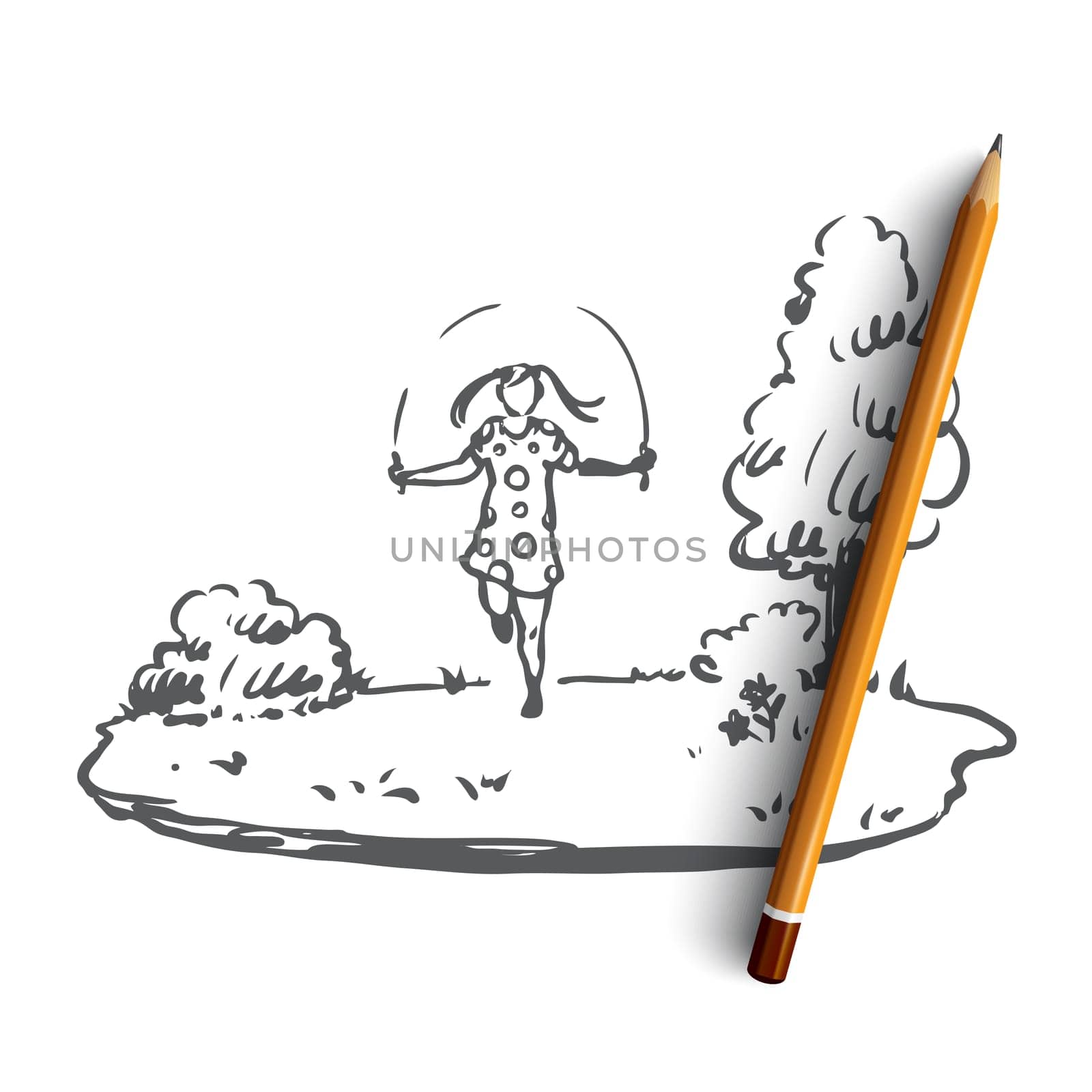 Handicapped, girl, jumping, rope, disability concept. Hand drawn handicapped girl jumping rope concept sketch. Isolated vector illustration.