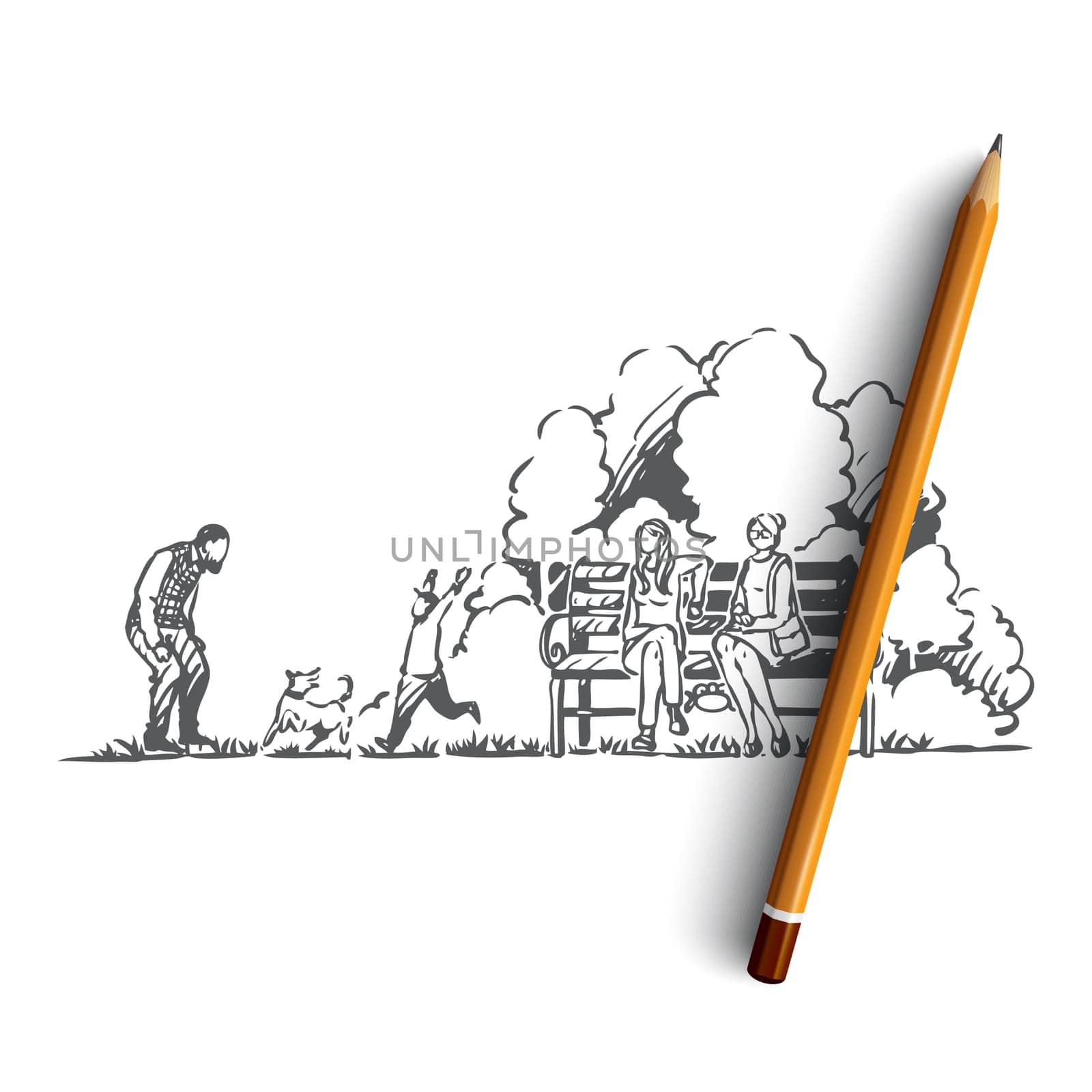 Family, spring, park, dog, nature concept. Hand drawn child has fun with parents and dog in the park concept sketch. Isolated vector illustration.