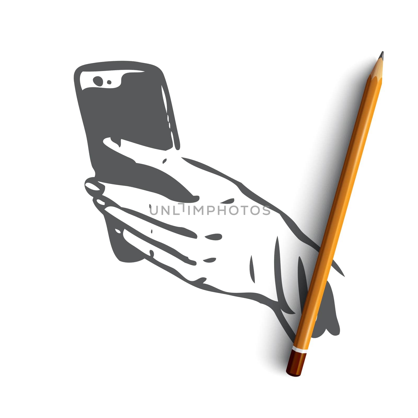 Smartphone, hand, screen, finger, mobile concept. Hand drawn mobile smartphone in human's hands concept sketch. Isolated vector illustration.