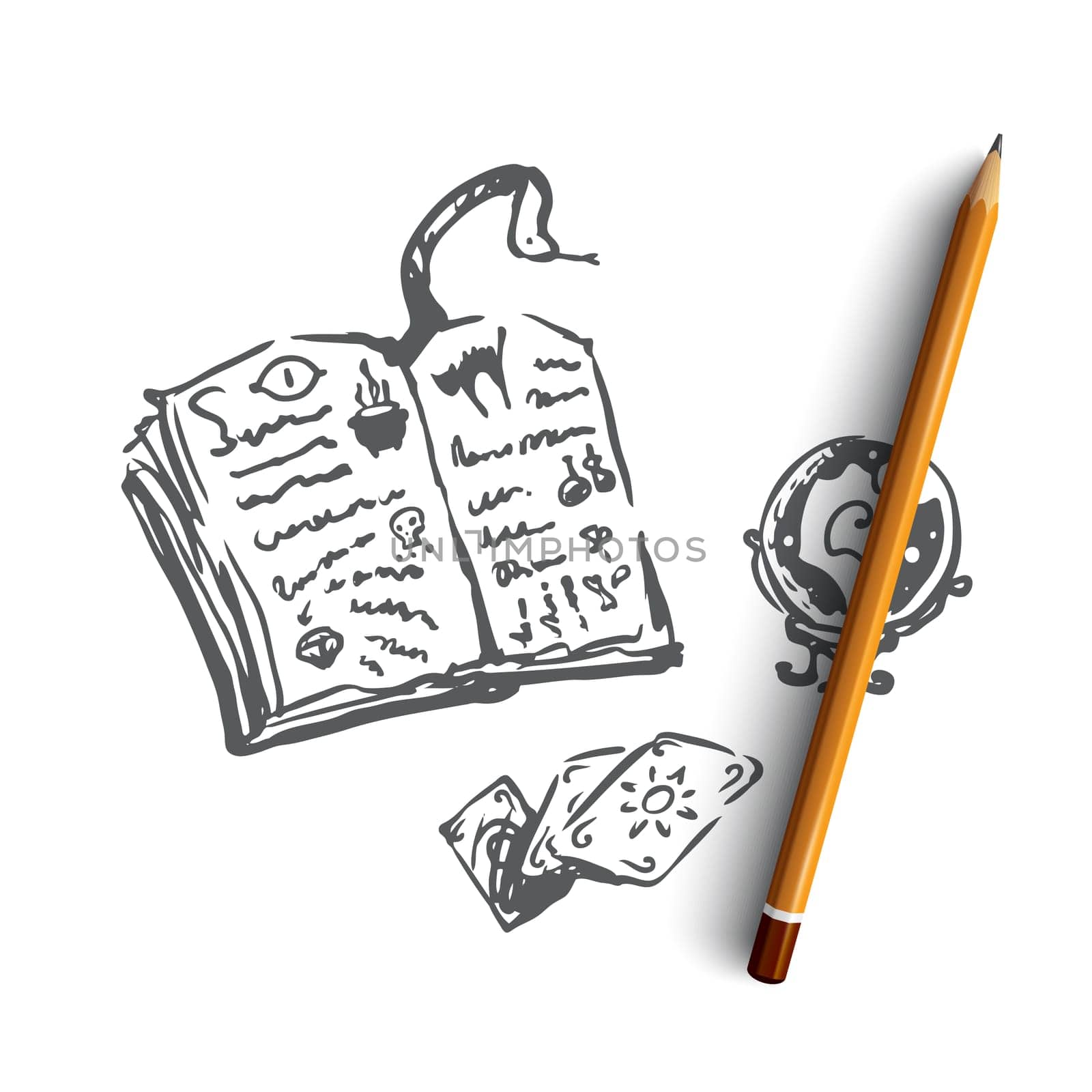 Magic, book, Halloween, holiday, snake concept. Hand drawn magic book with spells concept sketch. Isolated vector illustration.