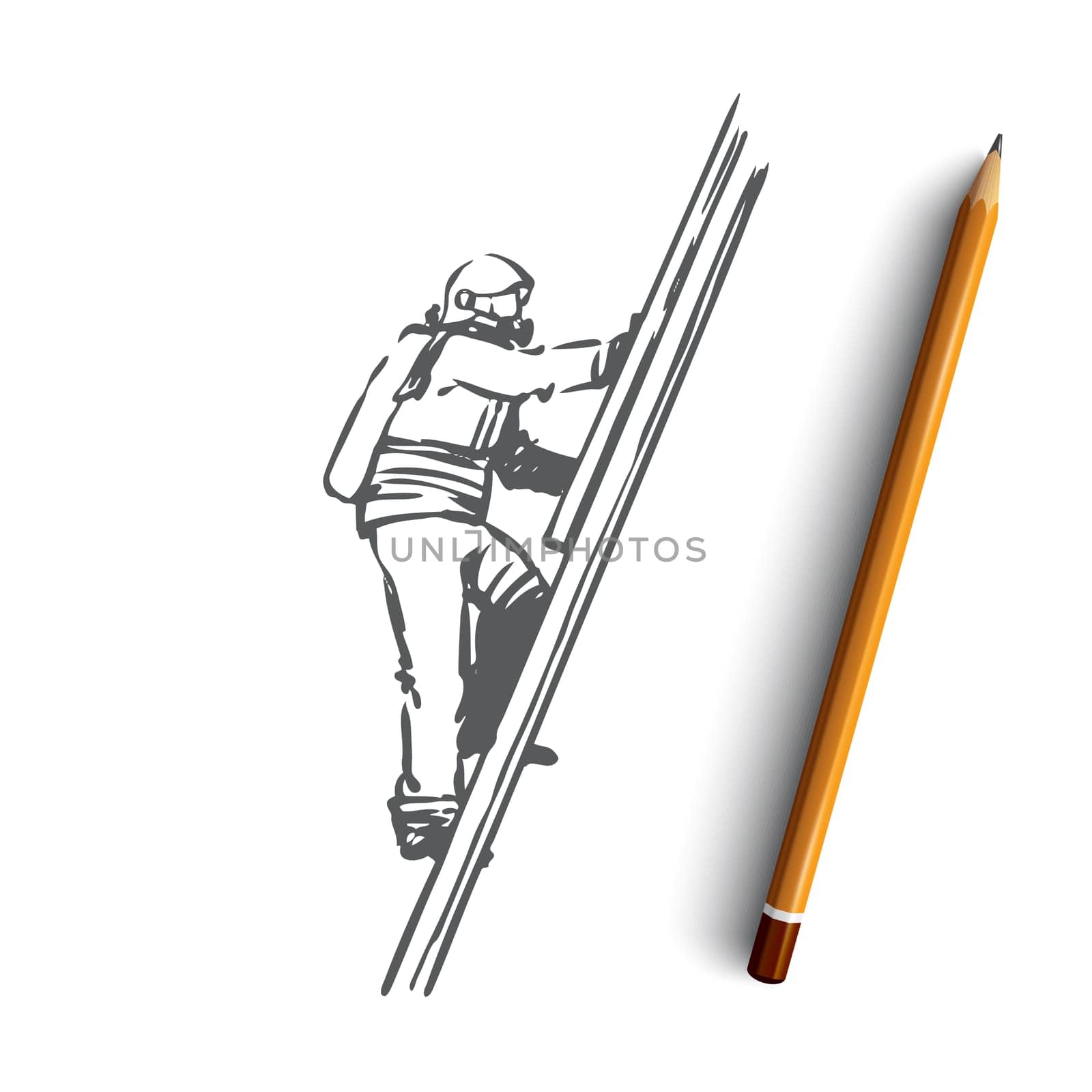 Firefighter, fire, rescue, danger, stairs concept. Hand drawn firefighter climbs the stairs concept sketch. Isolated vector illustration.