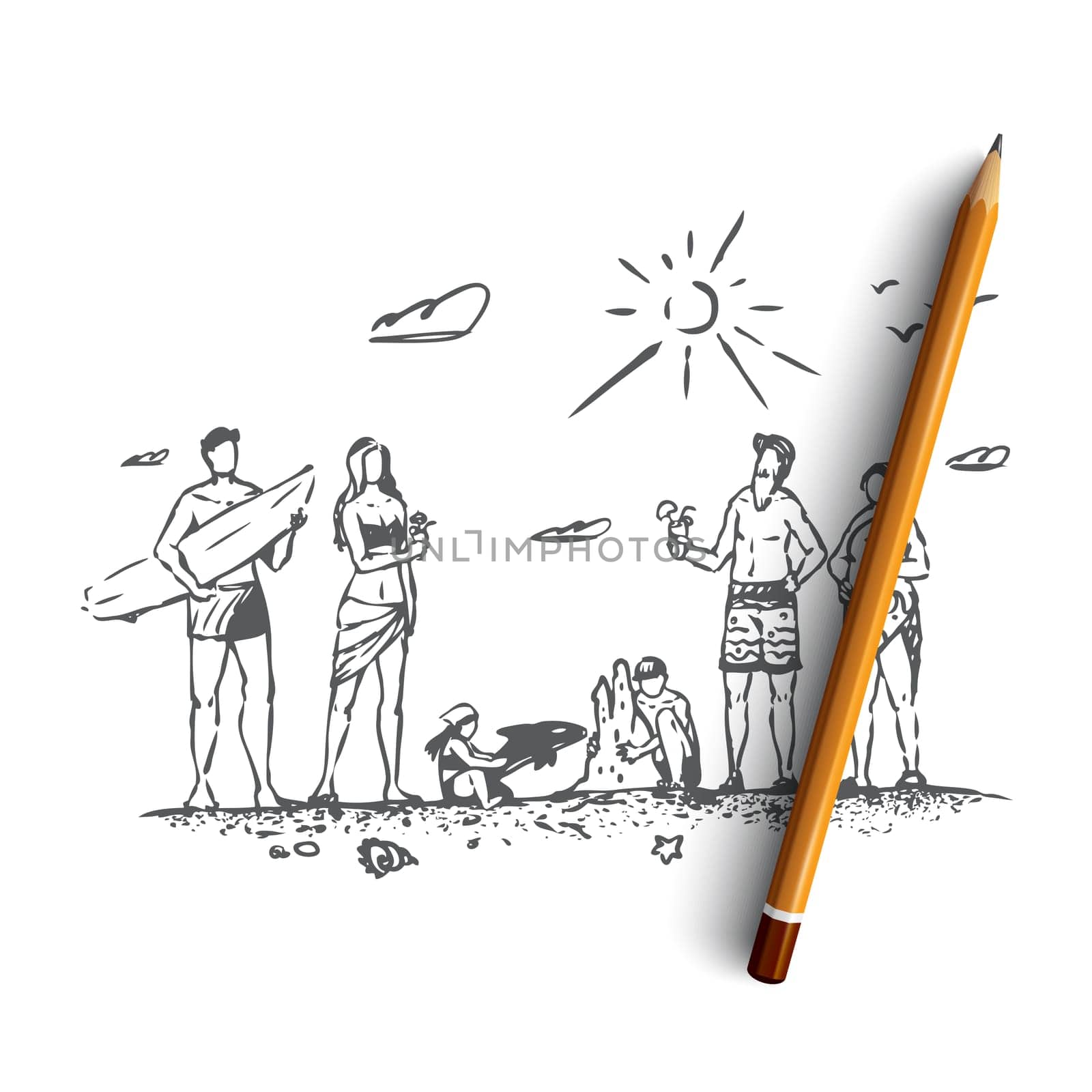 Family, beach, summer, sand, people concept. Hand drawn happy big family on the beach concept sketch. Isolated vector illustration.