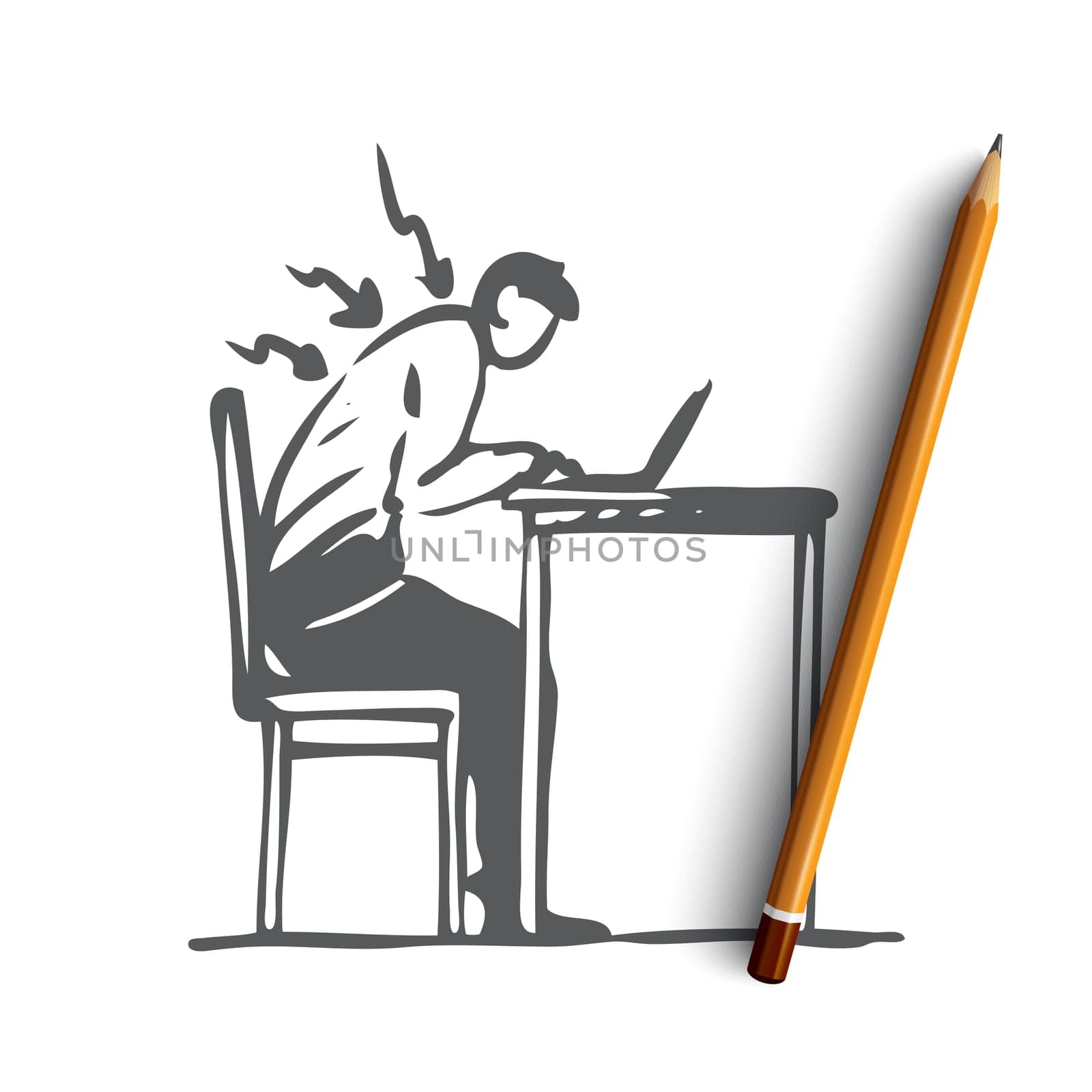 Posture, bad, spine, sit, table, wrong concept. Hand drawn man works at the computer in wrong posture concept sketch. Isolated vector illustration.