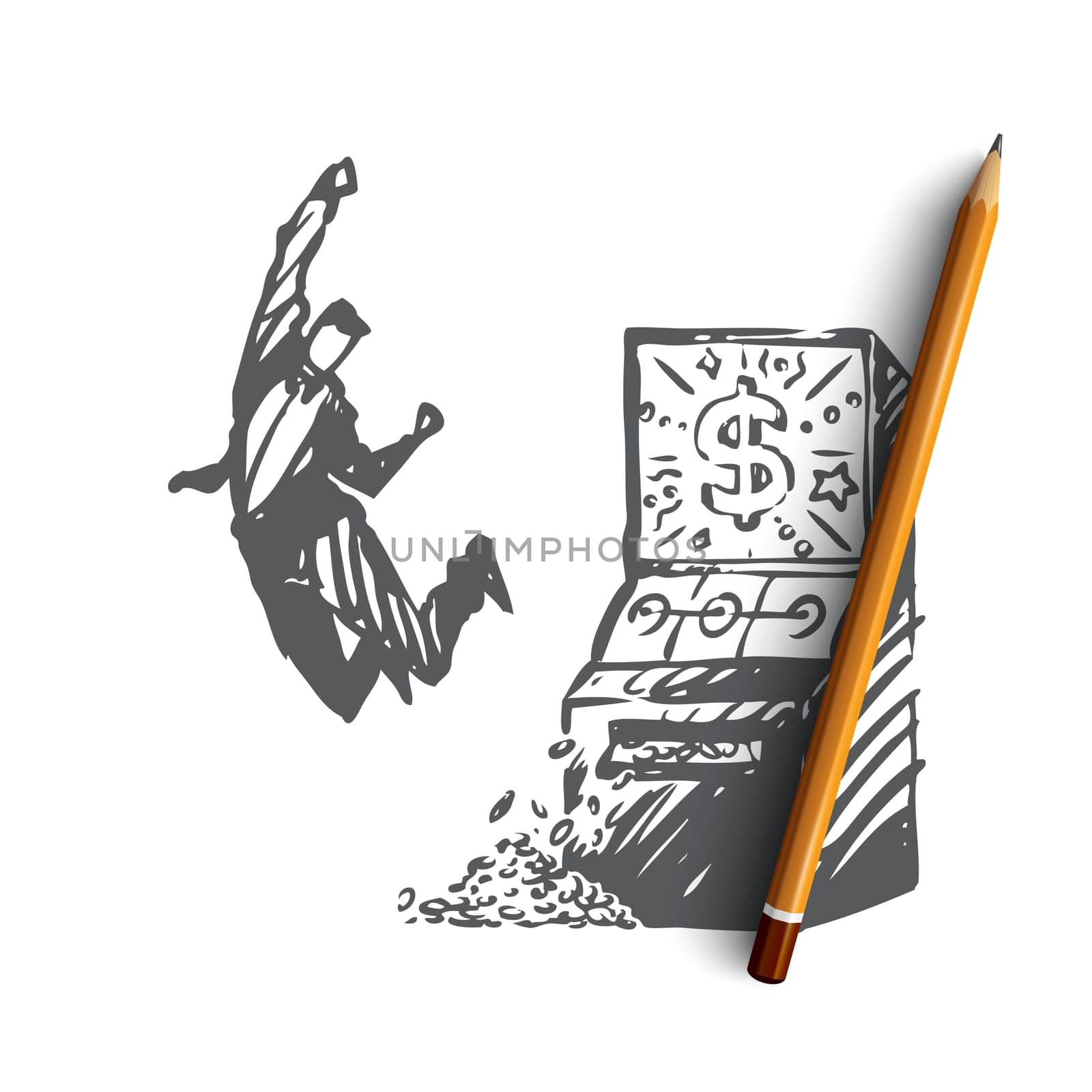 Casino, winner, machine, man, happy concept. Hand drawn happy man won money in casino concept sketch. Isolated vector illustration.
