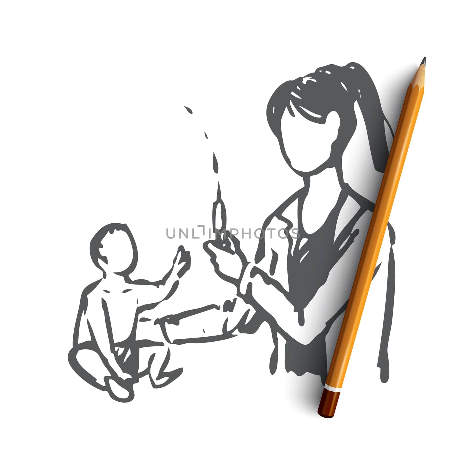 Baby, doctor, vaccine, medical, clinic concept. Hand drawn female doctor vaccinates little baby concept sketch. Isolated vector illustration.