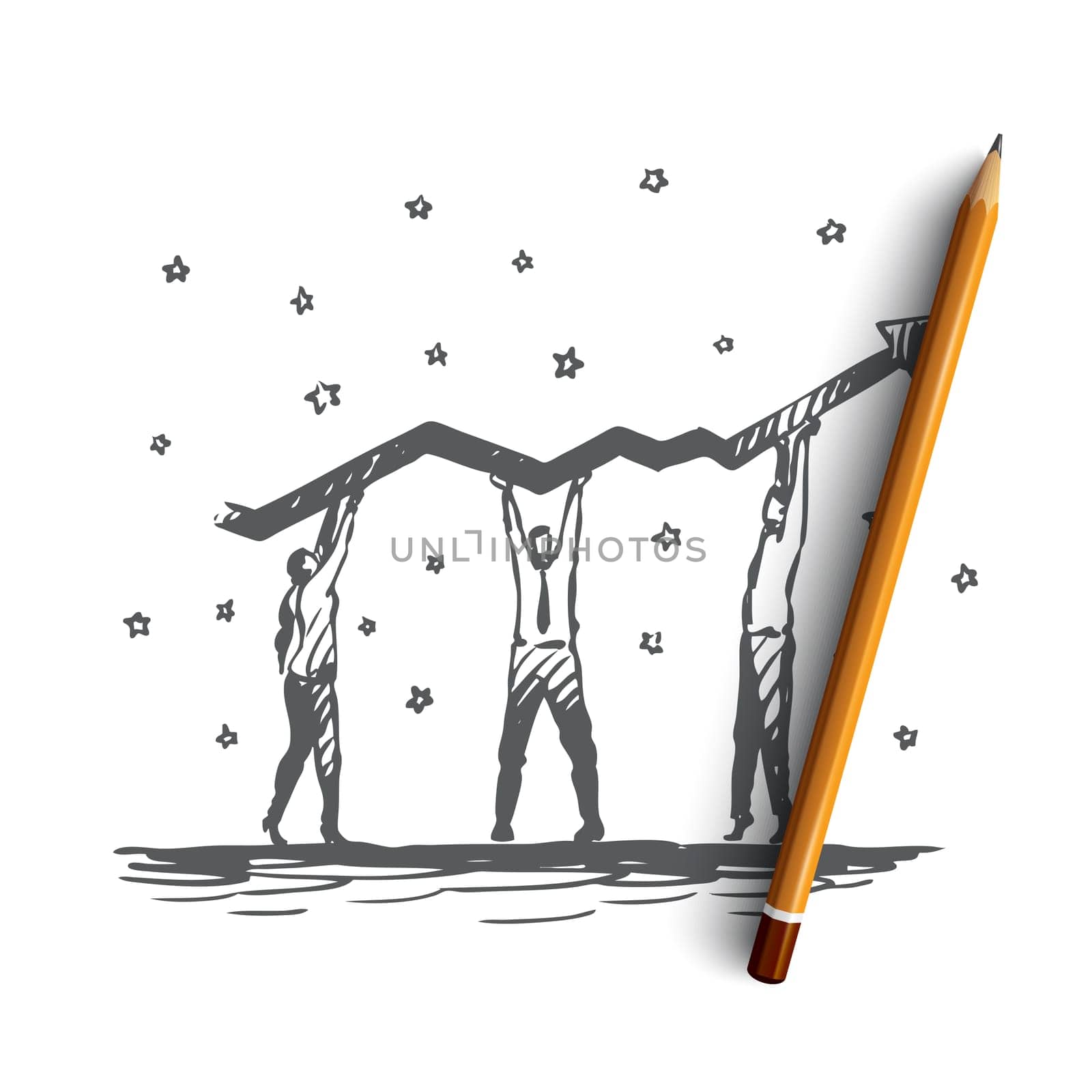 Teamwork, arrow, growth, company, leadership concept. Hand drawn business team working on success growth concept sketch. Isolated vector illustration.
