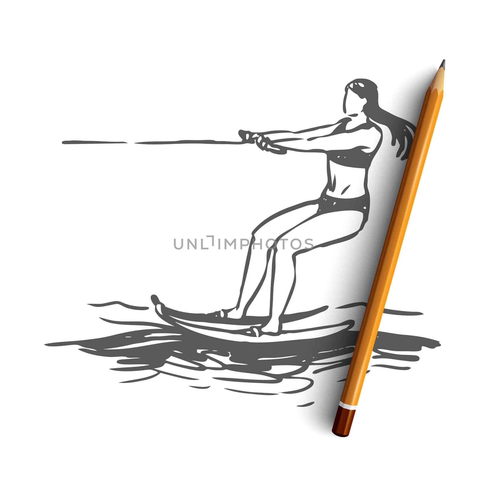 Water skiing, sea, summer, water, activity concept. Hand drawn summer sport water skiing concept sketch. Isolated vector illustration.