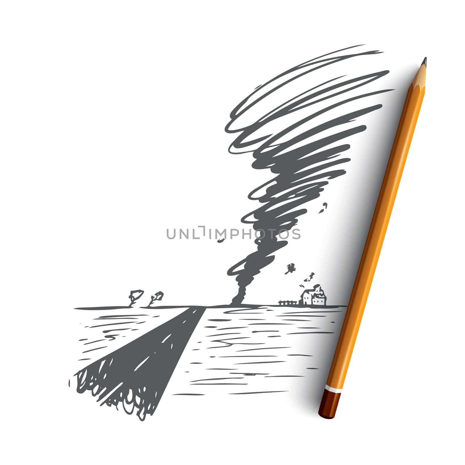 Tornado, hurricane, storm, weather, wind concept. Hand drawn weather disaster, tornado ruins building concept sketch. Isolated vector illustration.