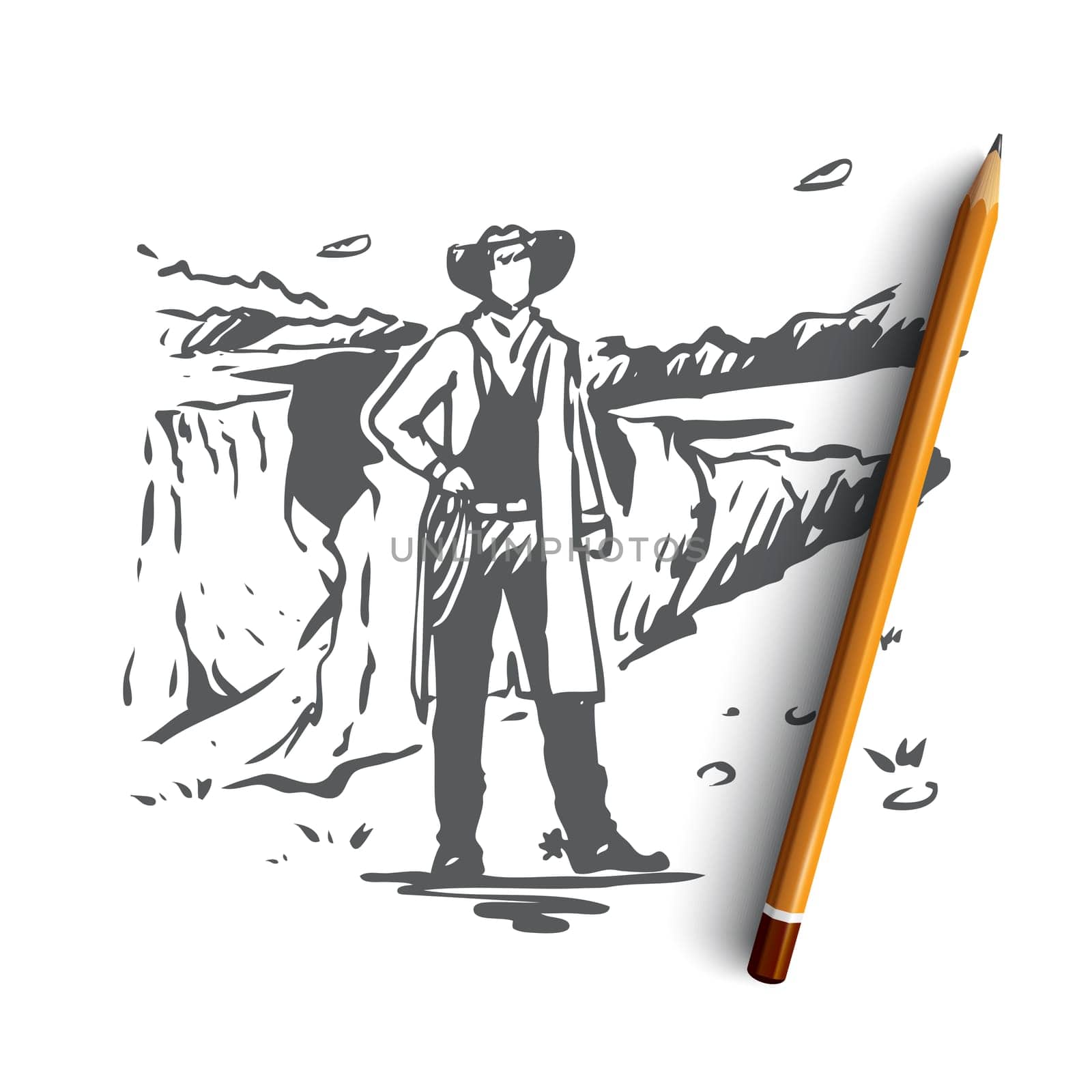 USA, cowboy, national, America, state concept. Hand drawn American cowboy and traditional USA landscape with canyon concept sketch. Isolated vector illustration.