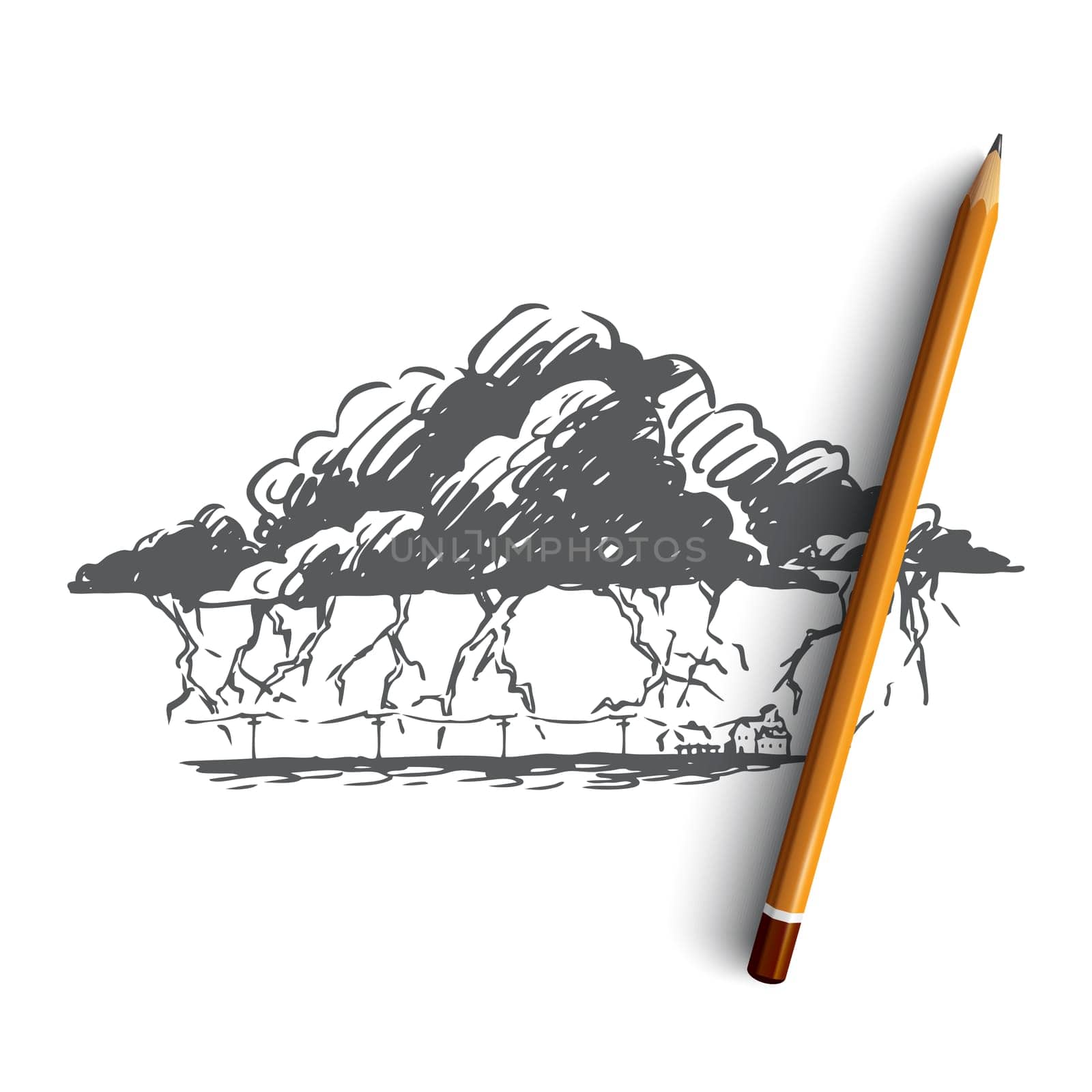 Lightning, strike, cloud, storm, thunderstorm concept. Hand drawn lightning strikes in time of thunderstorm concept sketch. Isolated vector illustration.
