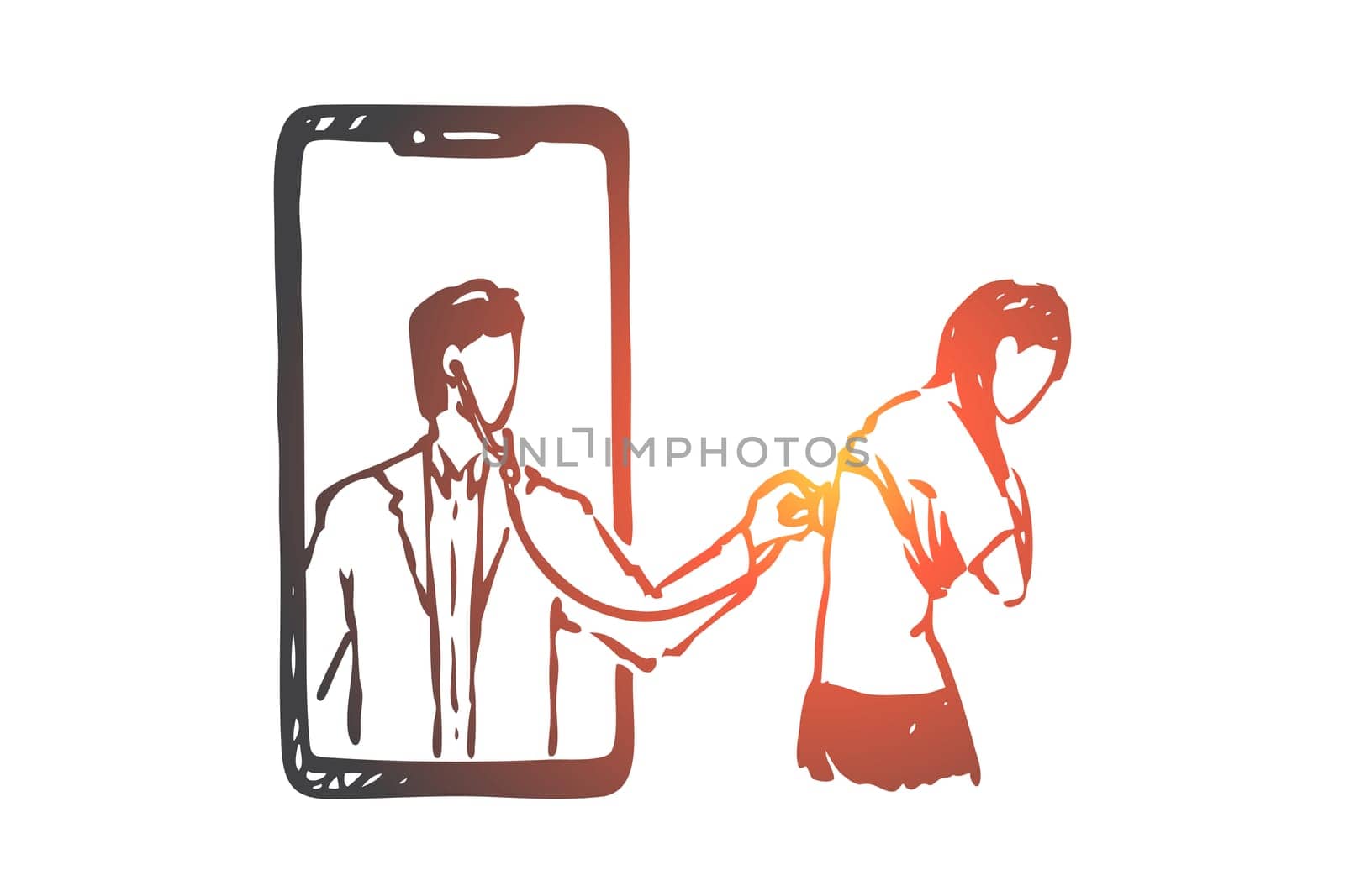 Doctor, online, medicine, stethoscope, help concept. Hand drawn doctor makes a diagnosis on the internet concept sketch. Isolated vector illustration.