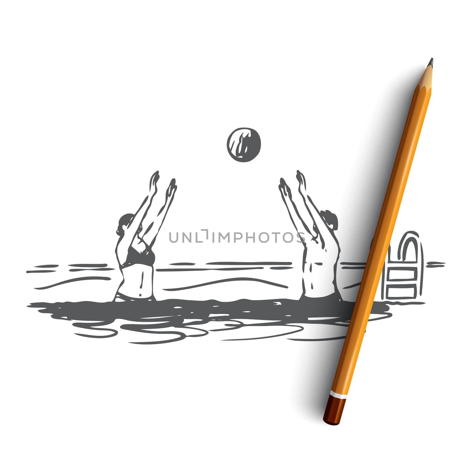 Water, polo, ball, competition, sport concept. Hand drawn people play in water polo concept sketch. Isolated vector illustration.