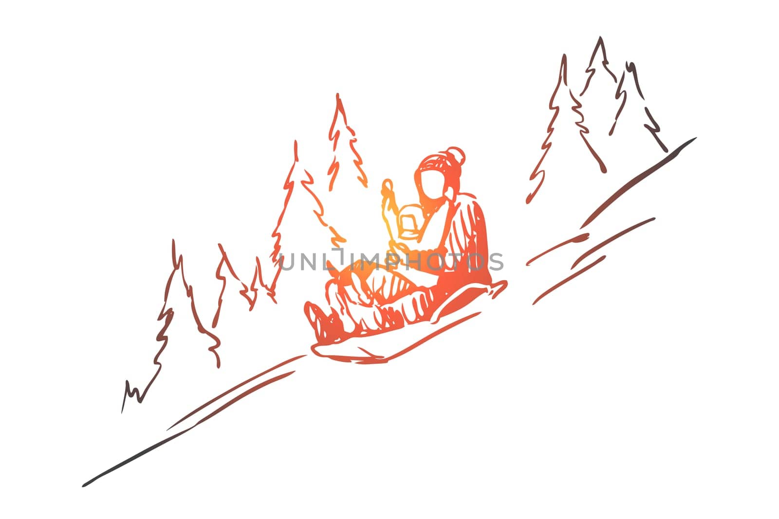 Sled, winter, mountains, activity, sport concept. Hand drawn mother and kid sledding in winter mountains concept sketch. Isolated vector illustration.
