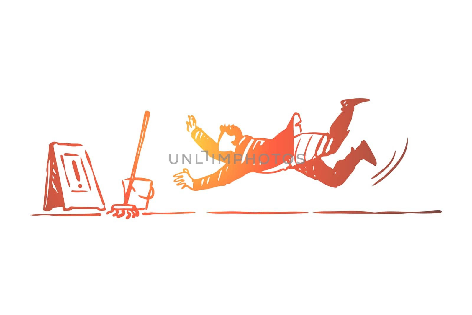 Floor, wet, caution, man, fall concept. Hand drawn warning sign of wet floor concept sketch. Isolated vector illustration.