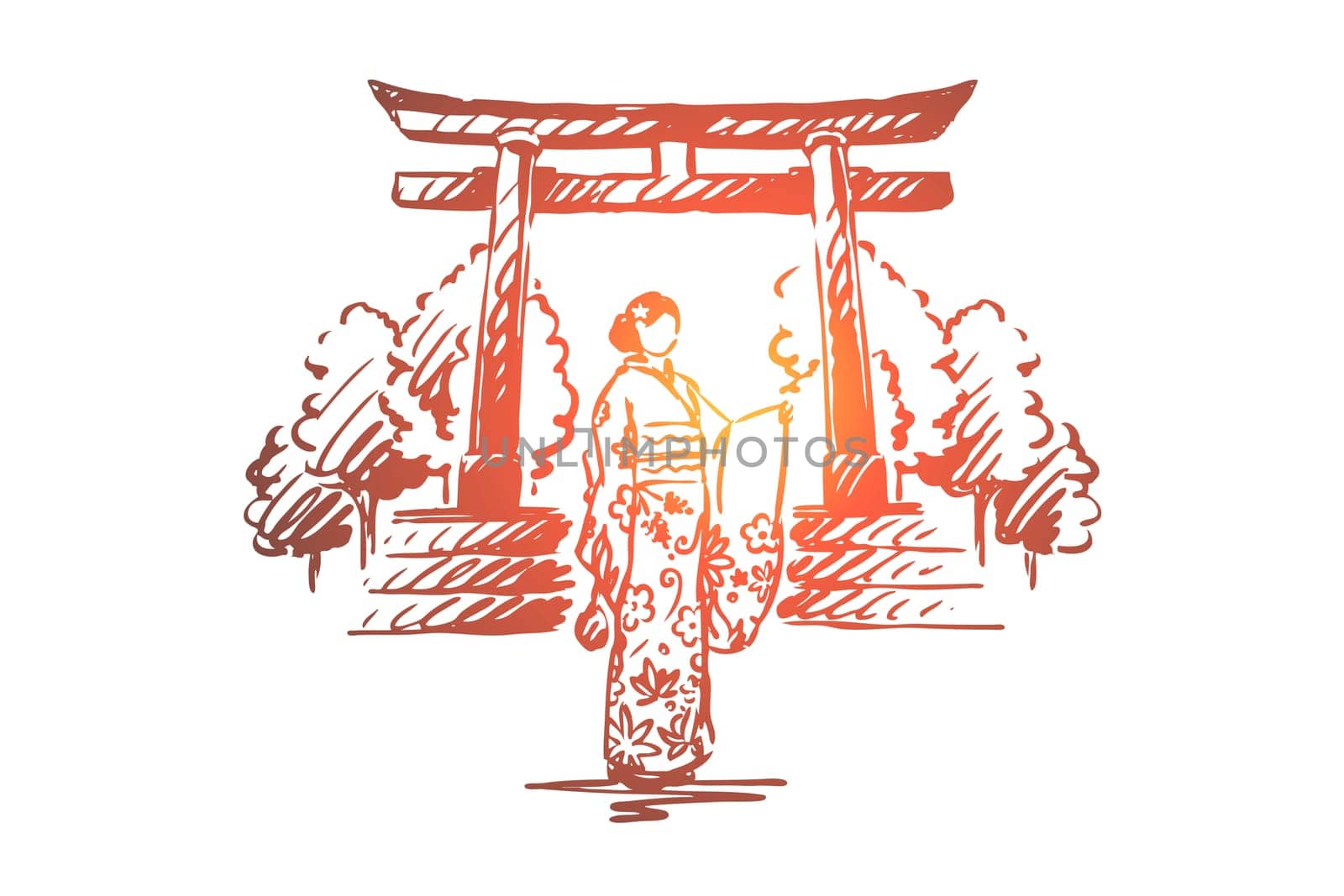 Japan, country, Sakura, traditional, Asia concept. Hand drawn Japanese architecture, woman in traditional dress concept sketch. Isolated vector illustration.